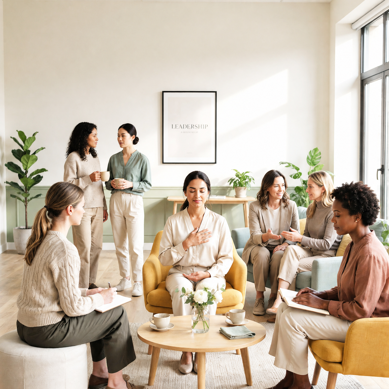 Diverse group of women participating in a calm self-leadership workshop