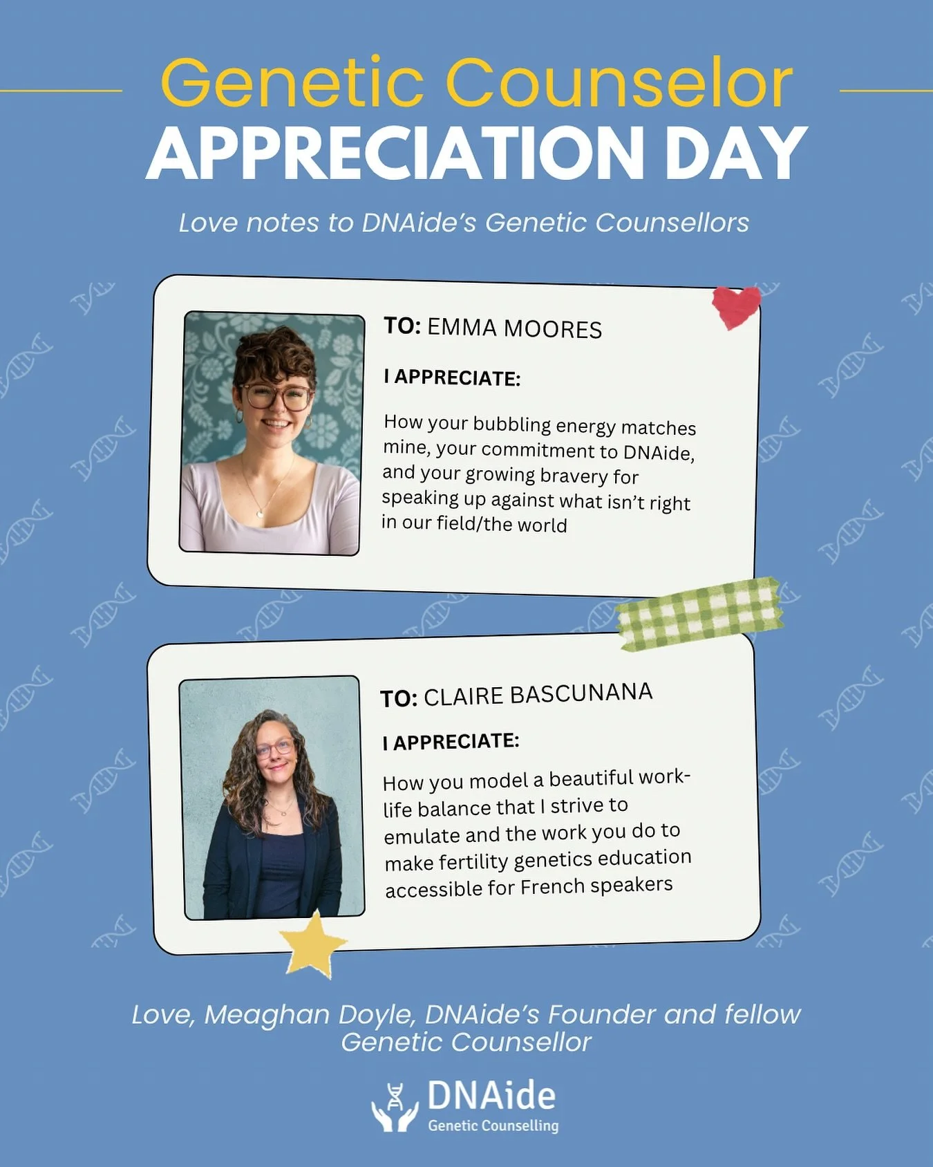 It&rsquo;s Genetic Counselor Appreciation Day! As DNAide&rsquo;s Founder I absolutely need to shout out the two amazing GCs @emmamooresgc and @la_genetique_en_clair that work by my side, helping to support DNAide&rsquo;s patients with me. There is so