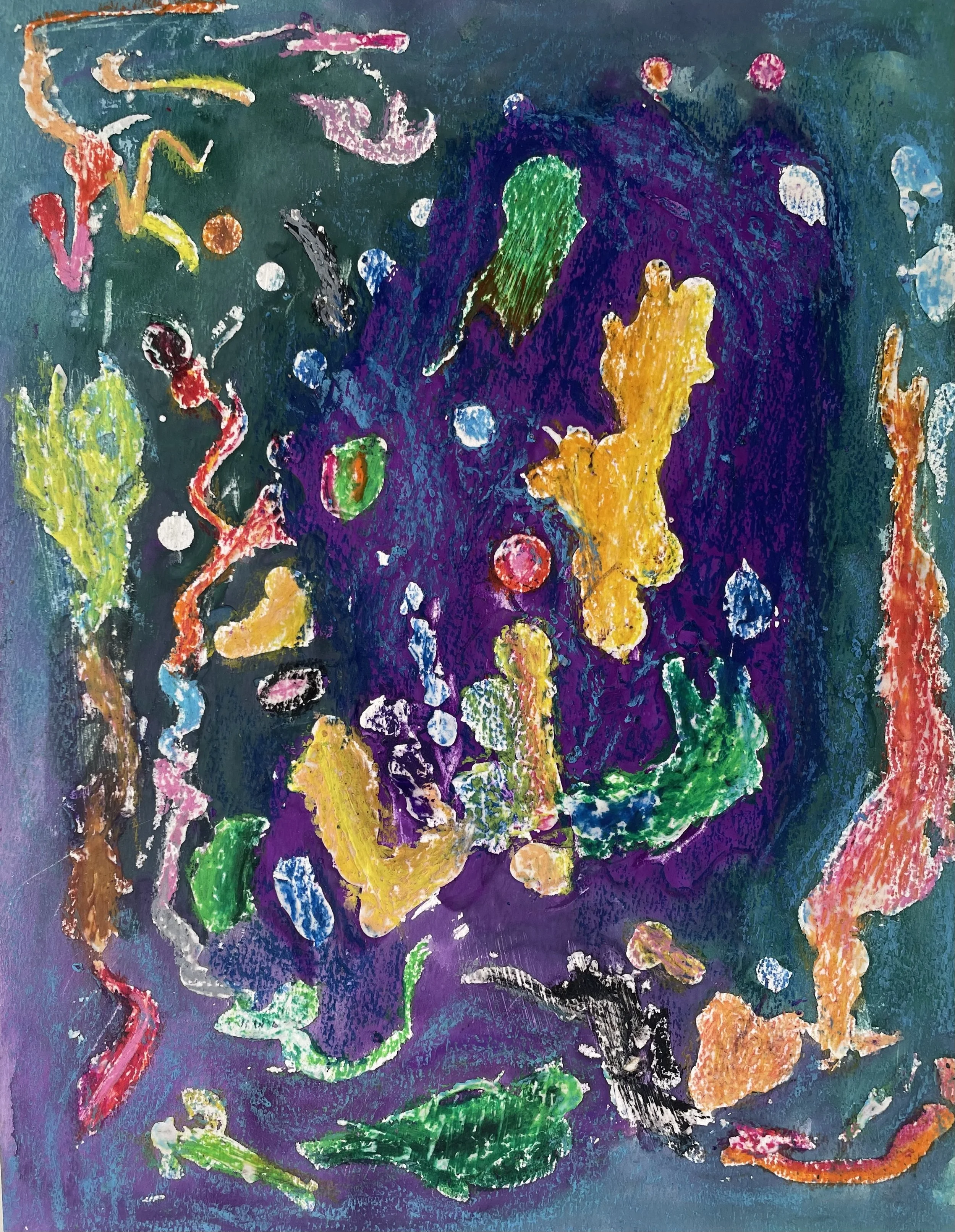 Abstrakte Malerei mit bunten Formen und Farben, darunter Grün, Gelb, Orange, Rot, Blau und Violett, auf einem dunklen Hintergrund.