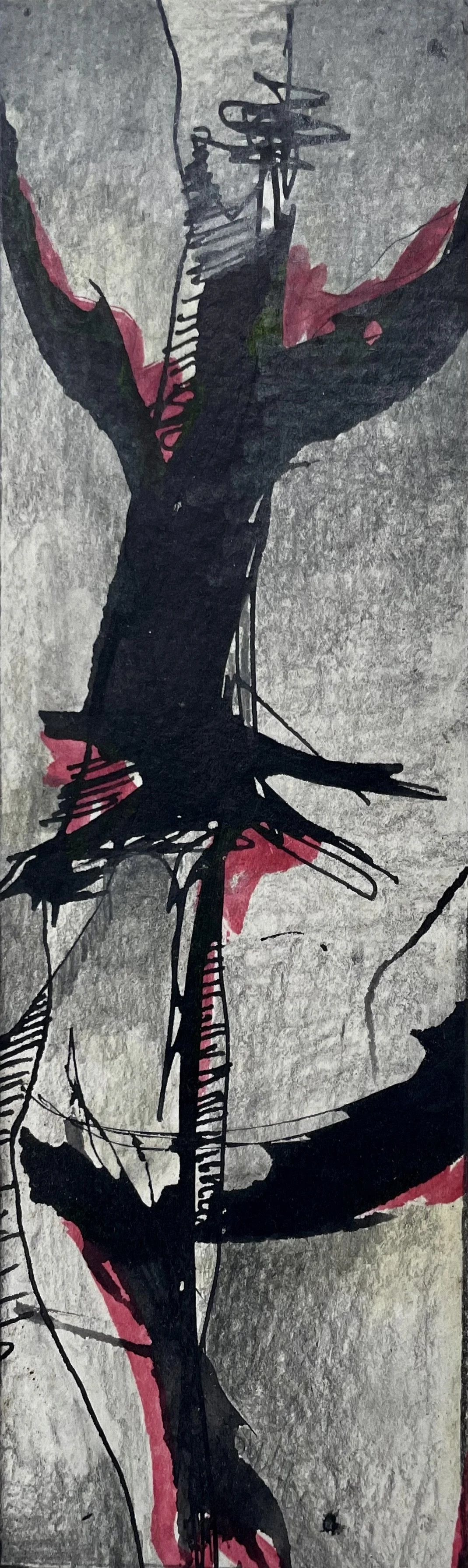 Abstrakte Kunst mit schwarzen, roten und weiß-grauen Formen und Linien.