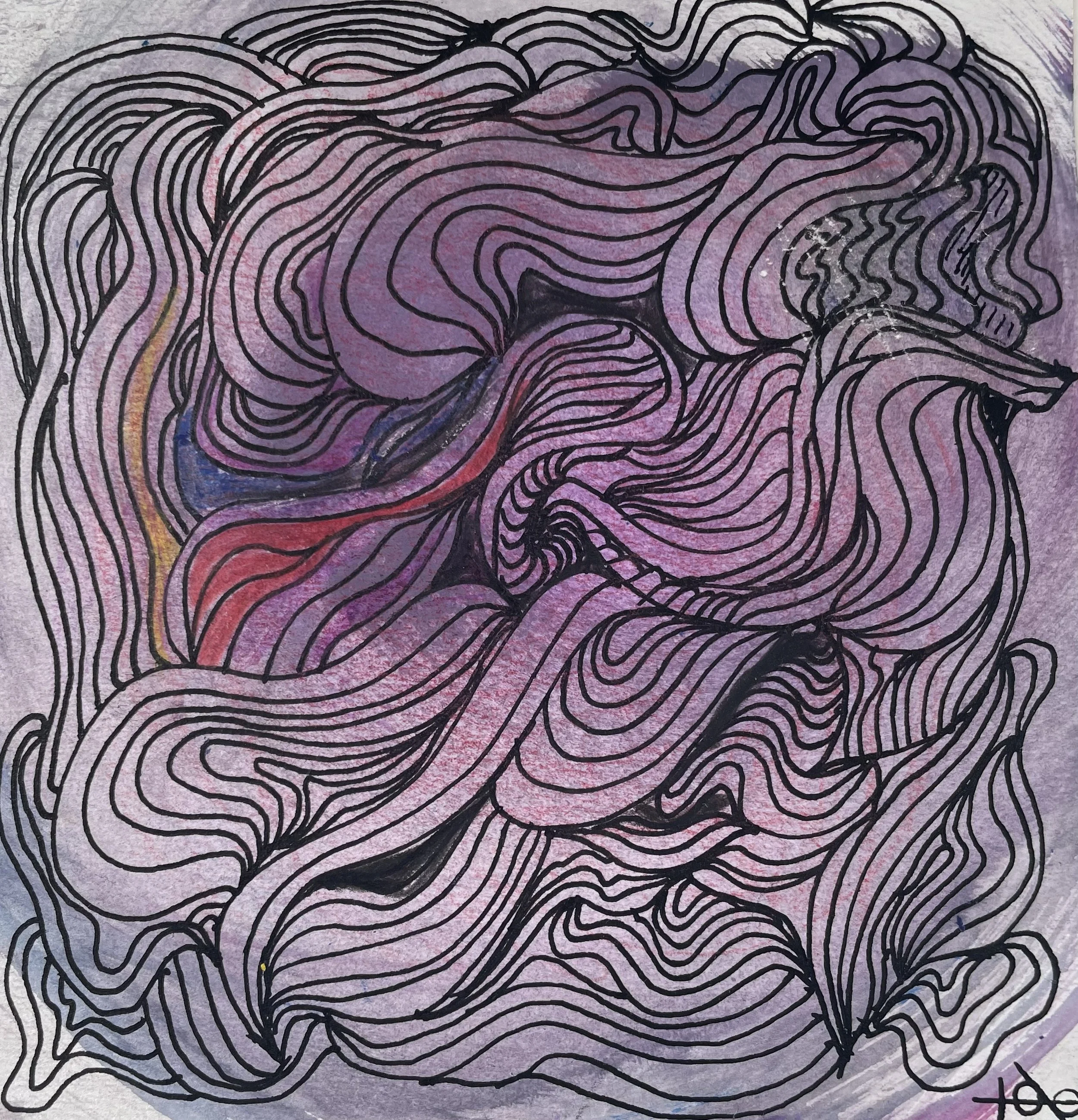 Abstrakte Kunst mit geschwungenen Linien in Schwarz und einem Hintergrund in Lila- und Rottönen.