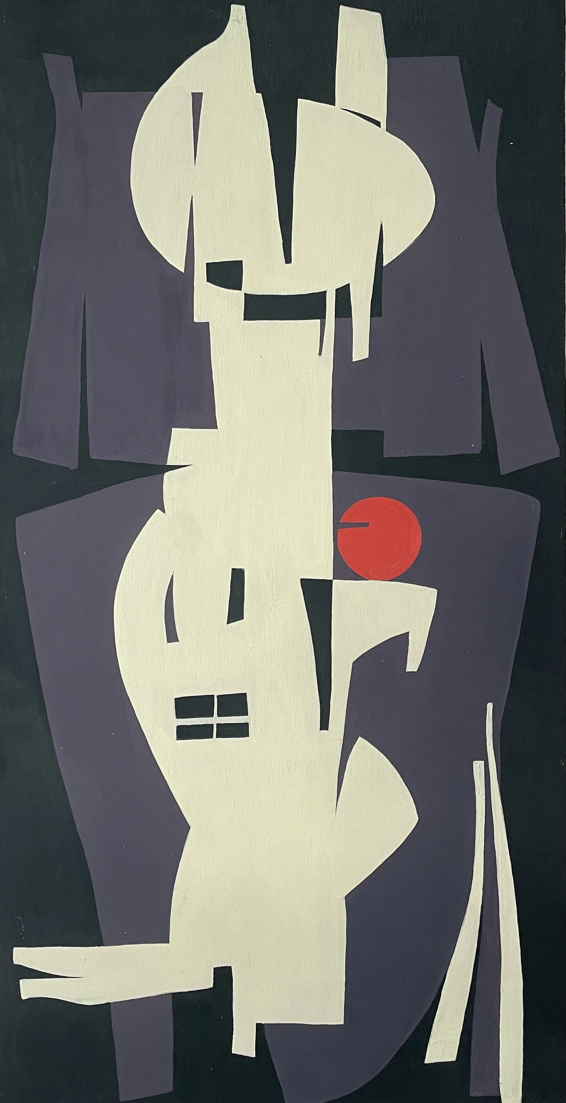 Abstraktes Gemälde mit geometrischen Formen in Lila, Weiß und einem roten Kreis. Formen sind unregelmäßig und überlappend, auf schwarzem ,Gouache auf Papier.