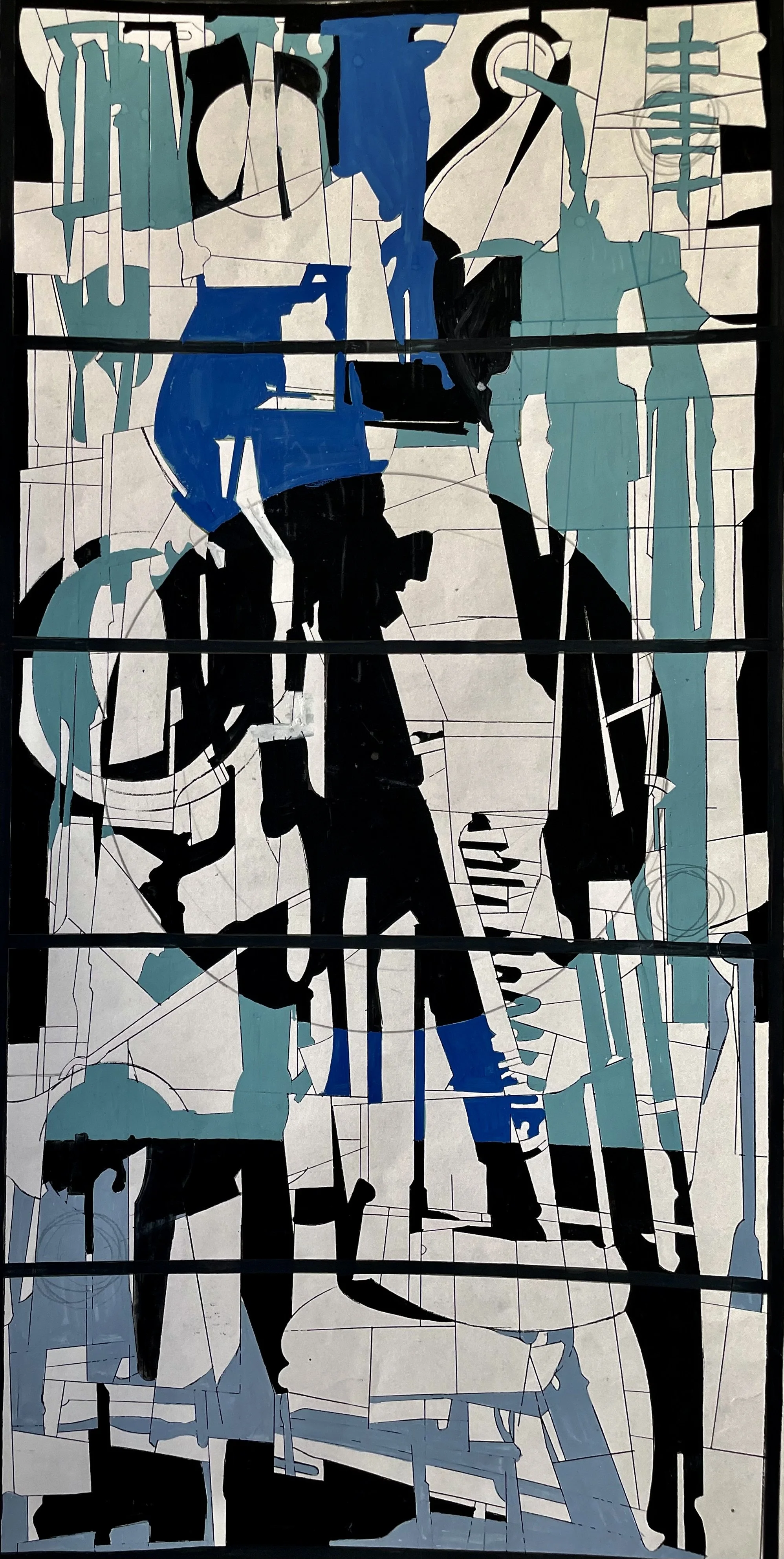 Abstrakte Komposition mit geometrischen Formen in Blau, Schwarz und Weiß.