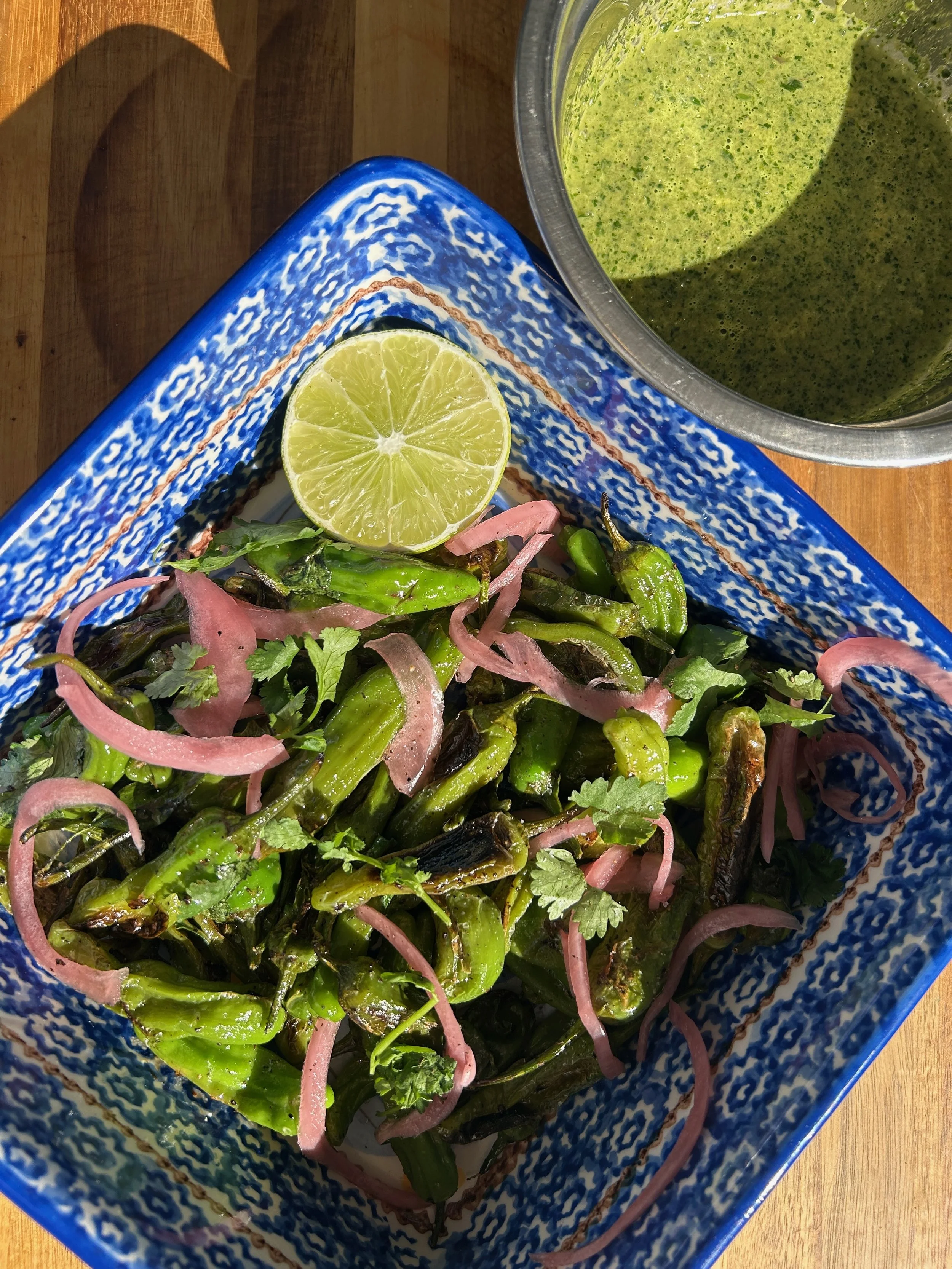 Blistered Shishitos with Black Garlic Chimichurri&nbsp;