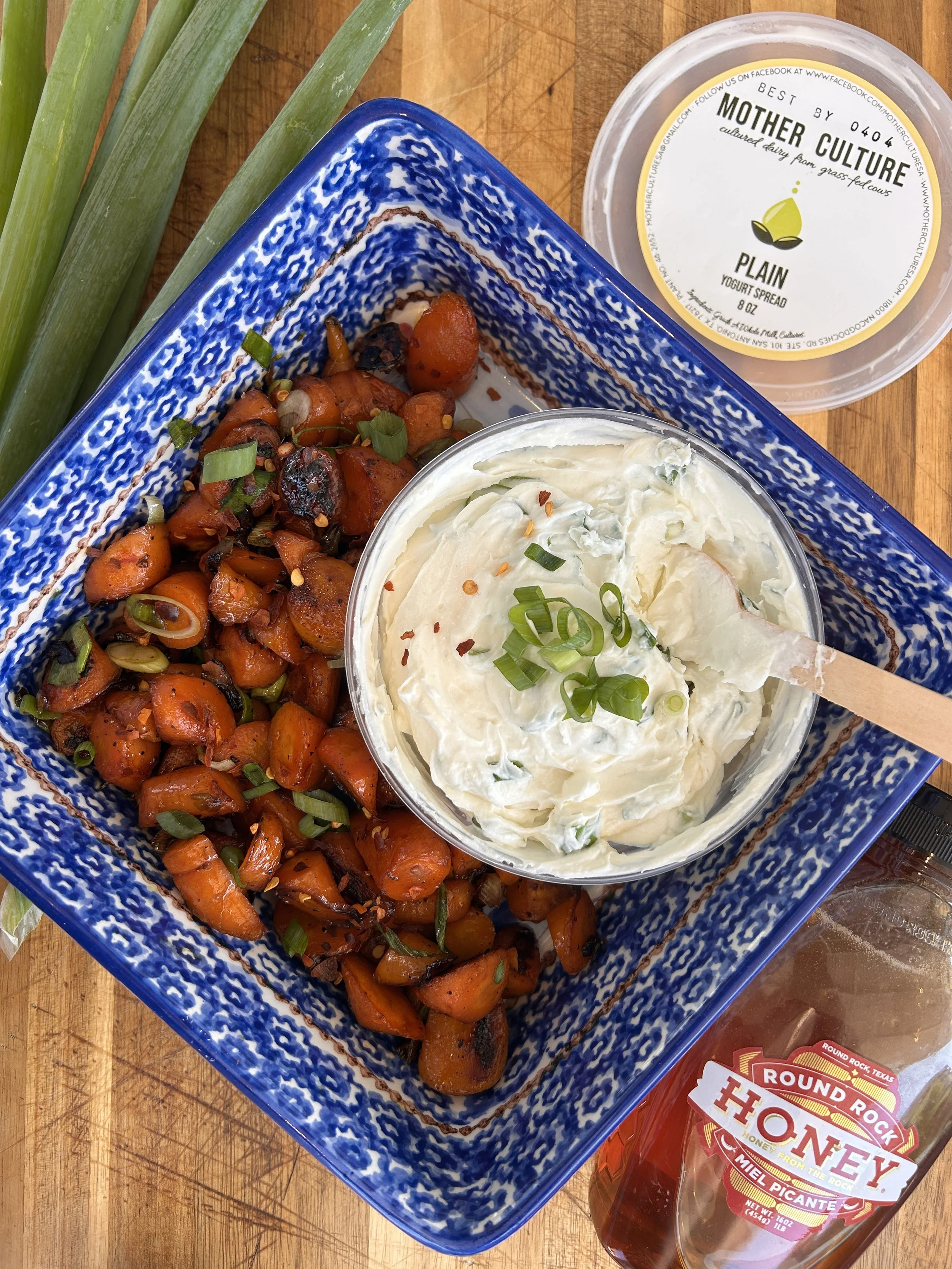 Hot Honey Carrots with Scallion Yogurt Spread