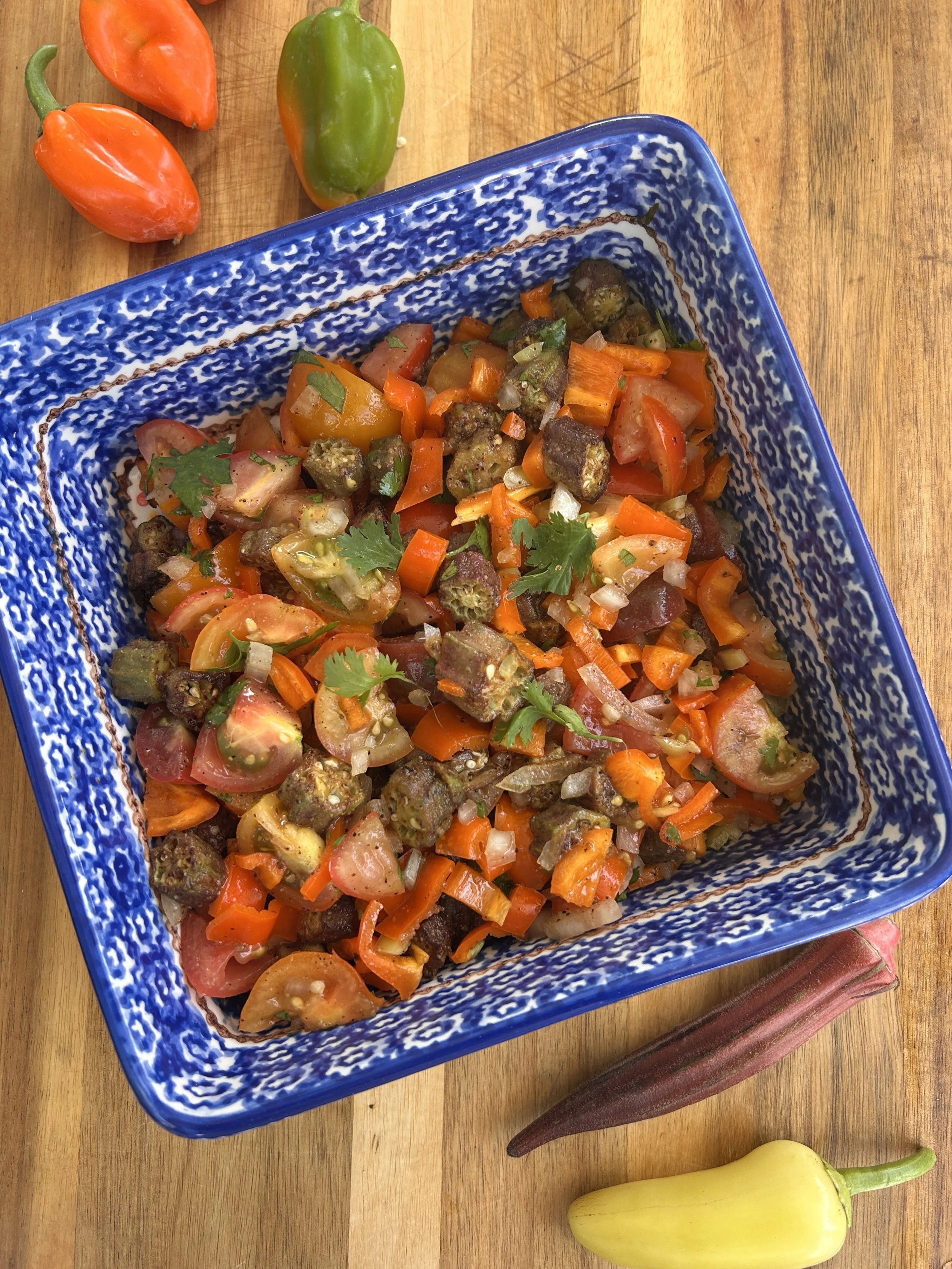 Roasted Red Okra Tomato Salad