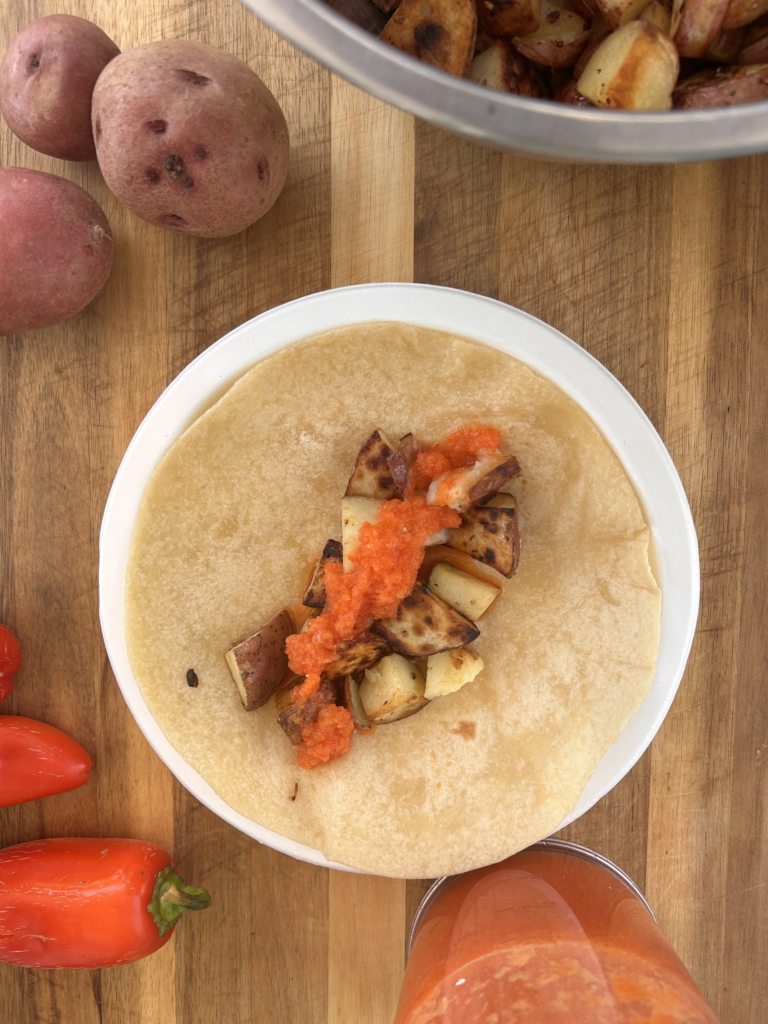 Roasted Red Potato Tacos with Red Jalapeño Hot Sauce