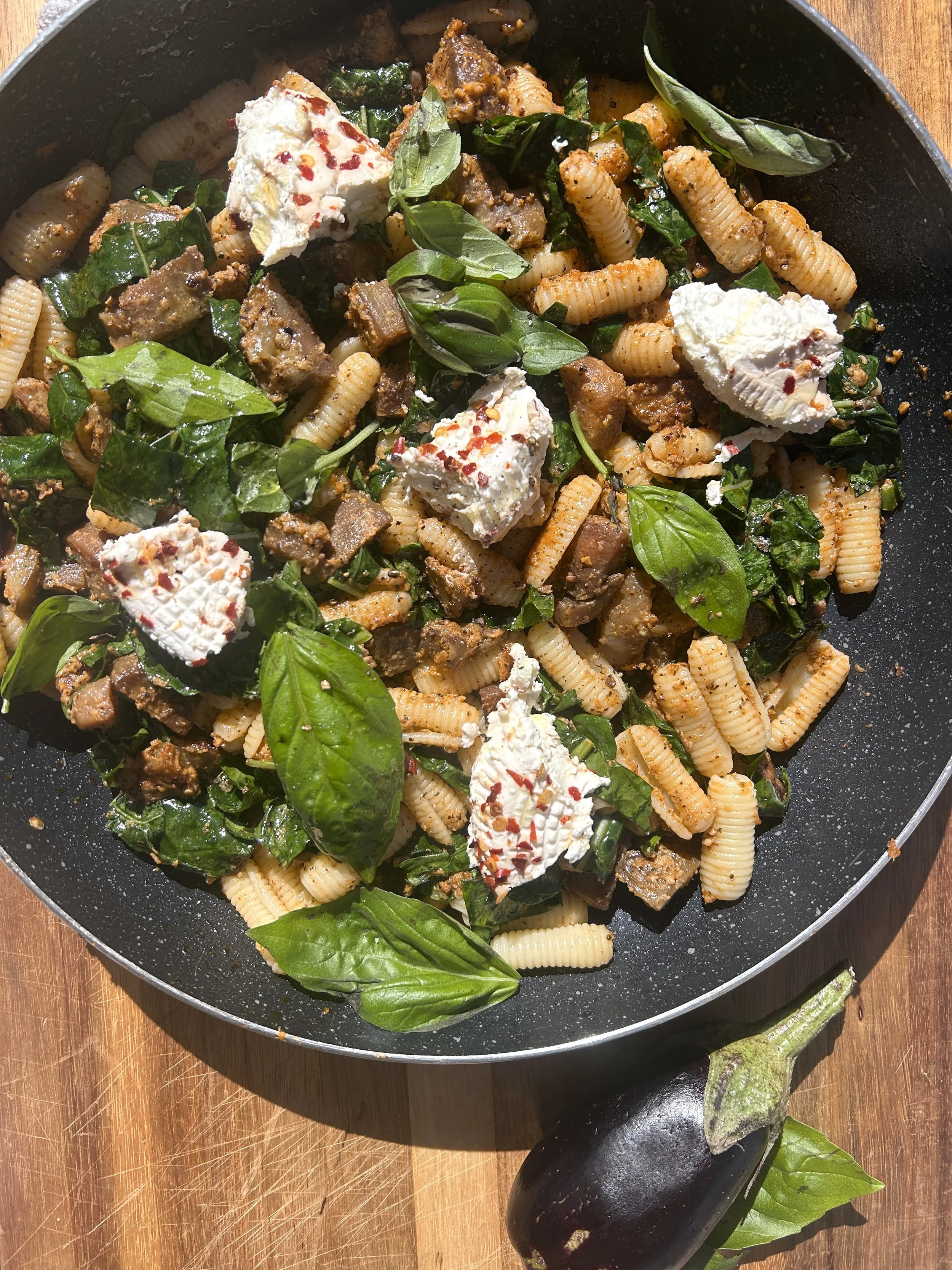 Roasted Eggplant Pesto Pasta with Chili Goat Cheese