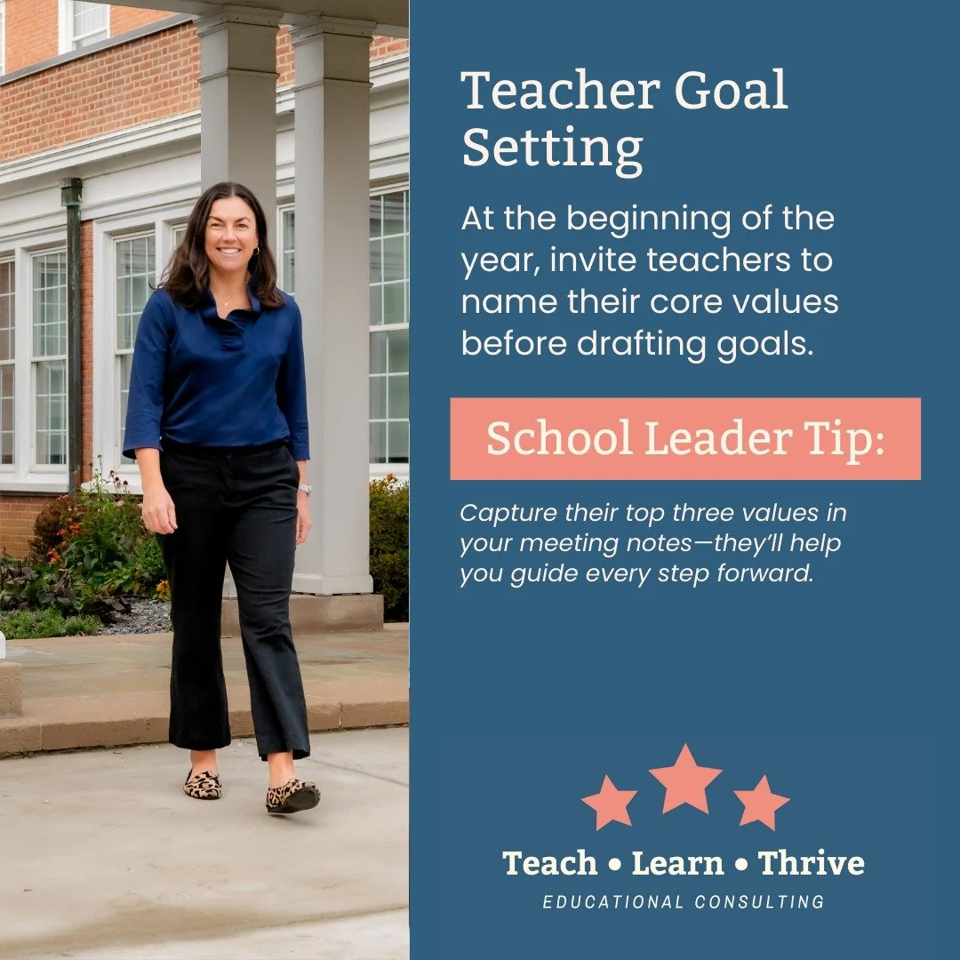 Here's a school leader tip on Teacher Goal Setting that centers curiousity and connection. 

At the beginning of the year, during goal-setting meetings, ask teachers to name their core values before drafting goals. Set aside 15 minutes, share a list 