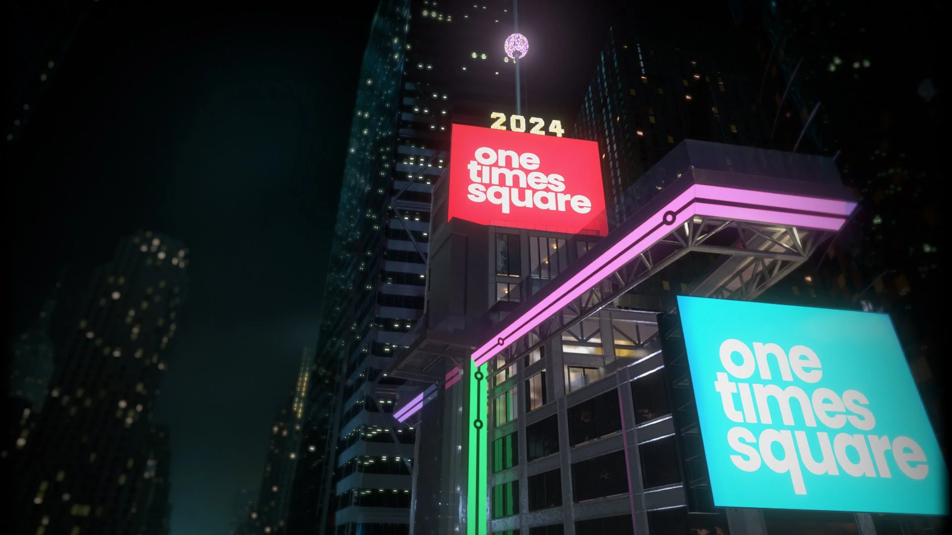 Night view of Times Square with illuminated billboards displaying the text 'one times square' in red and blue, with lights and buildings surrounding it, and the year 2024 visible at the top.