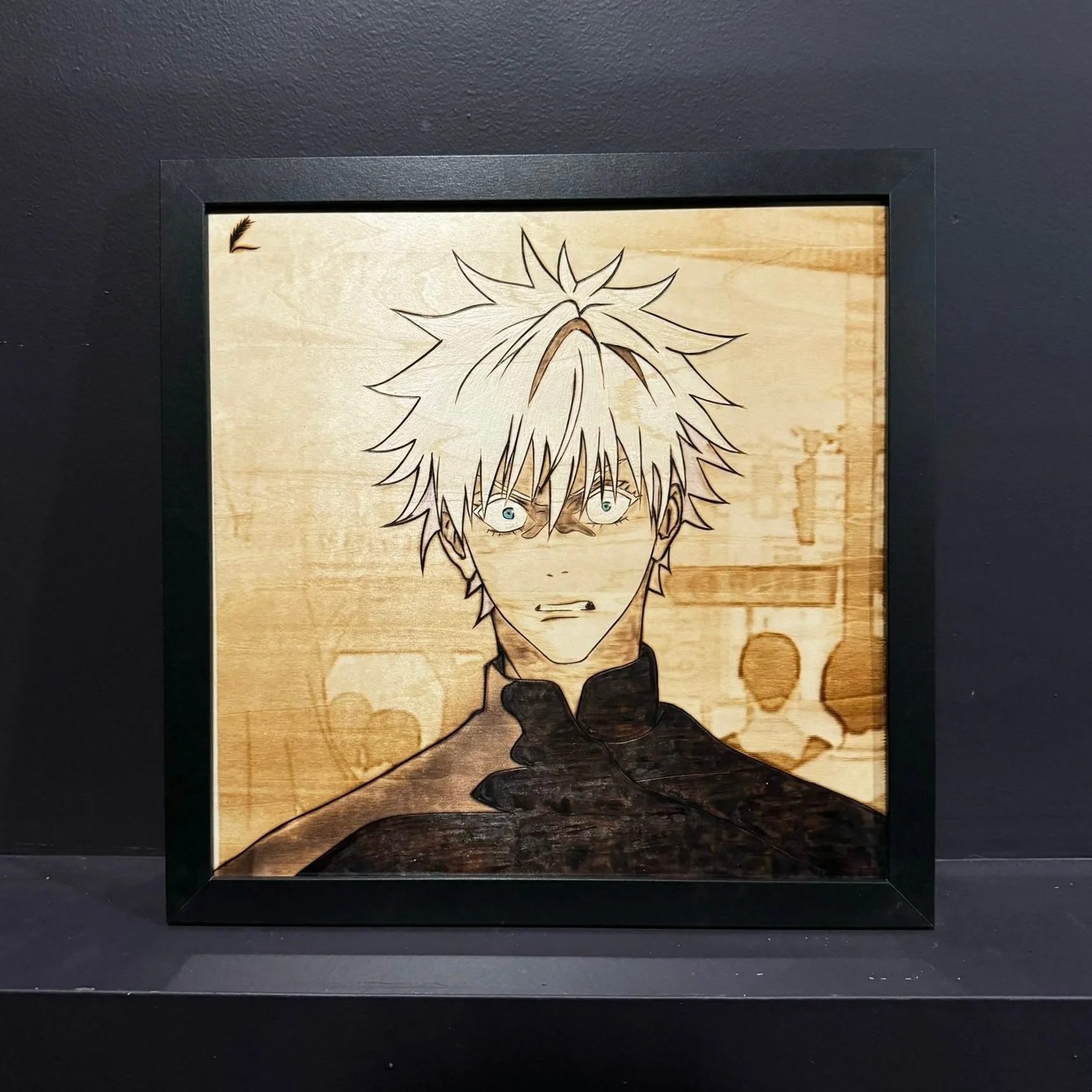 Framed artwork of a surprised anime character with spiky hair and expressive eyes on a wood background.
