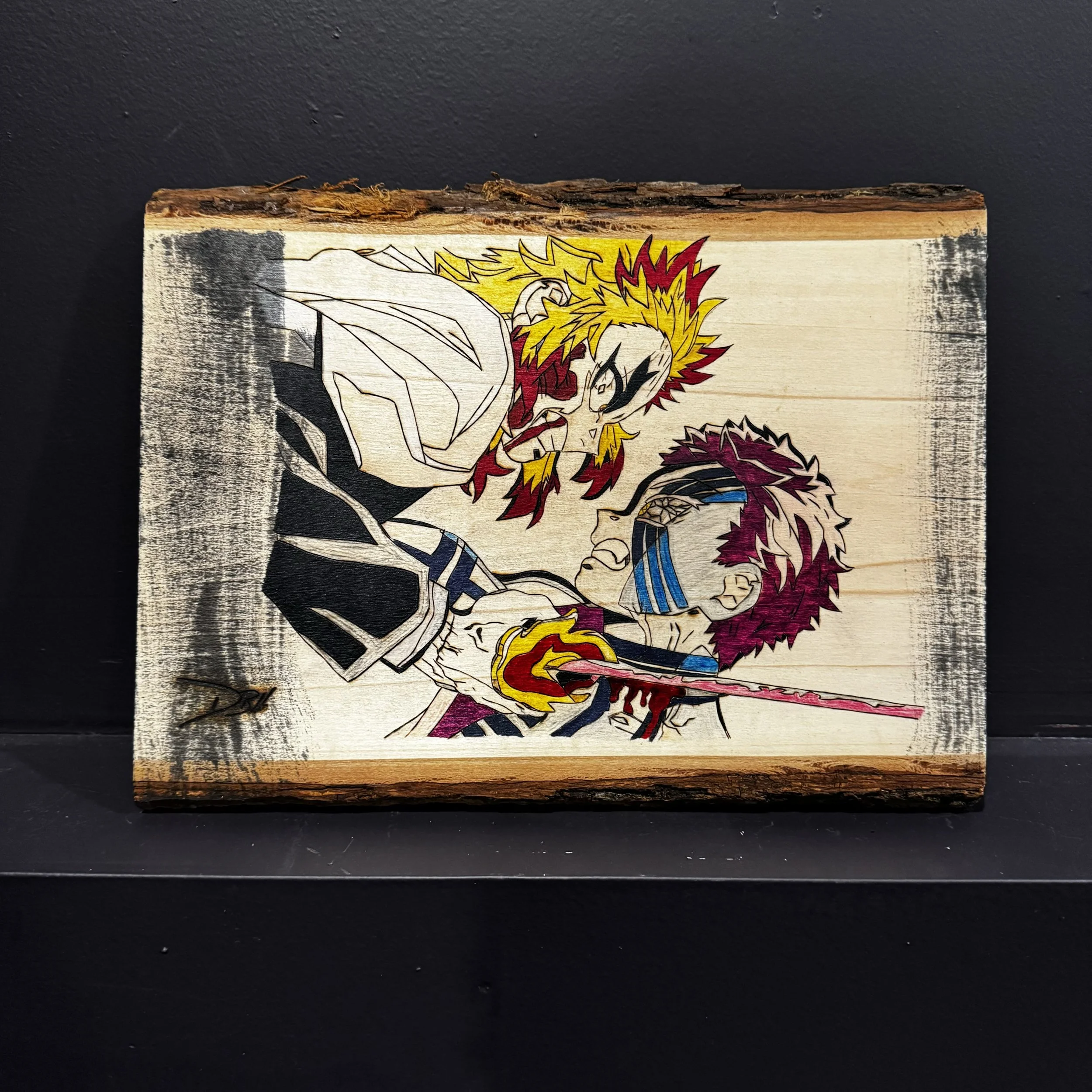 A painted wooden plaque depicting two anime characters in a battle, one with dark purple hair and blue markings, the other with wild yellow and red hair, engaging in a fierce confrontation.