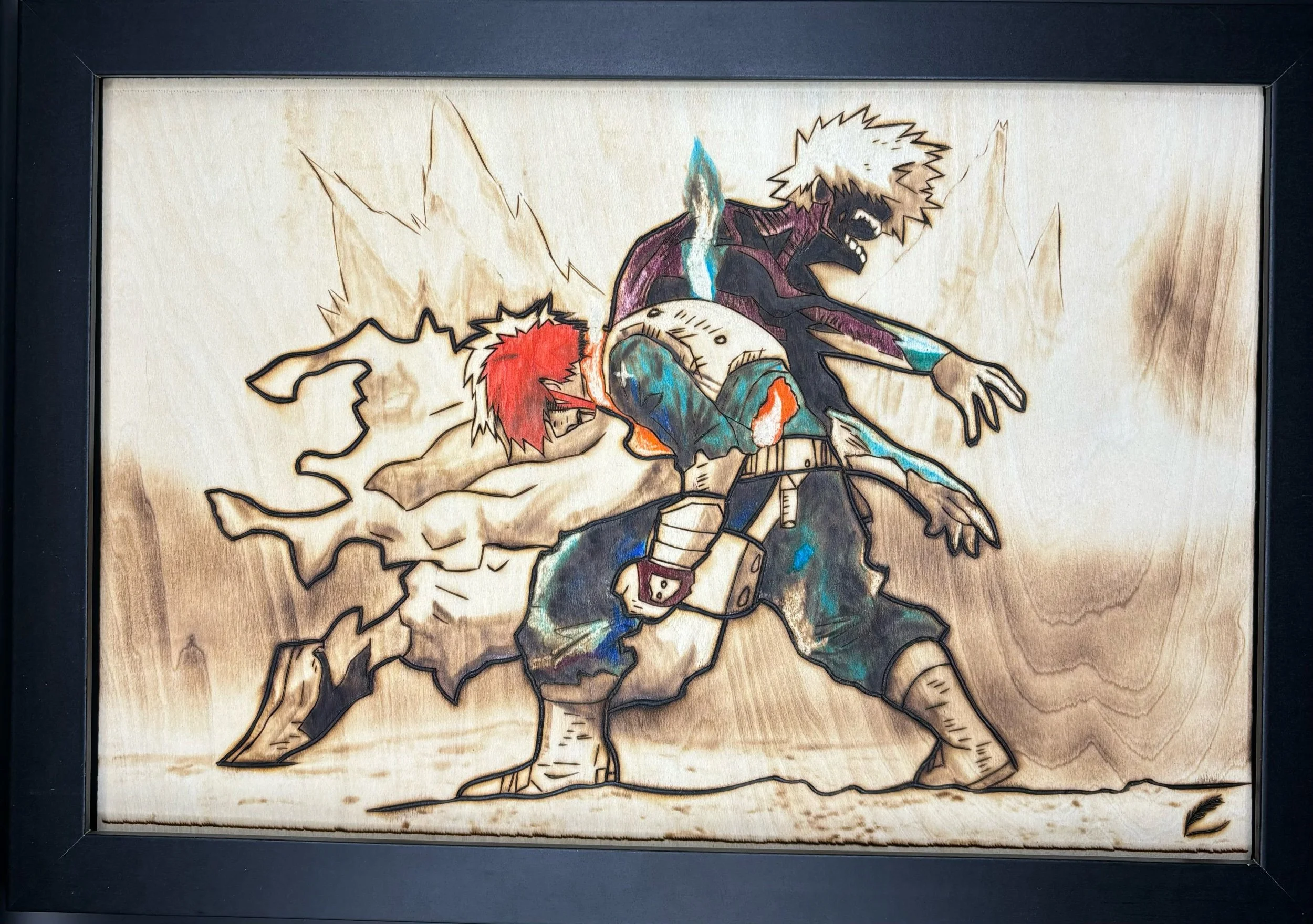 An artwork featuring two characters fighting in a dynamic pose, with one character wielding a sword and the other seemingly summoning energy, set against a background of mountain-like shapes.