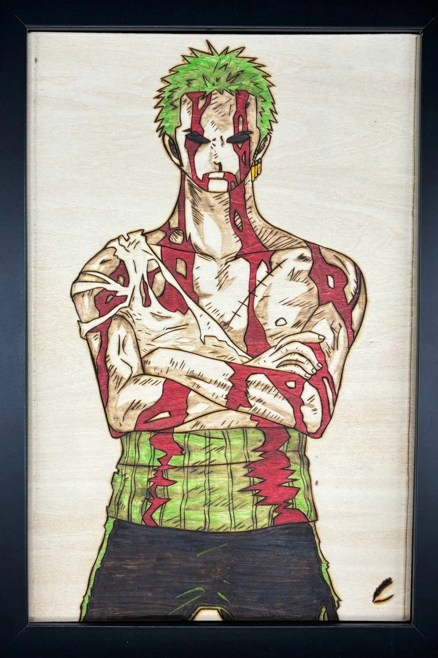 A framed artwork of a muscular character with green spiky hair, painted face with red and white designs, and crossed arms, depicted on a wooden surface.