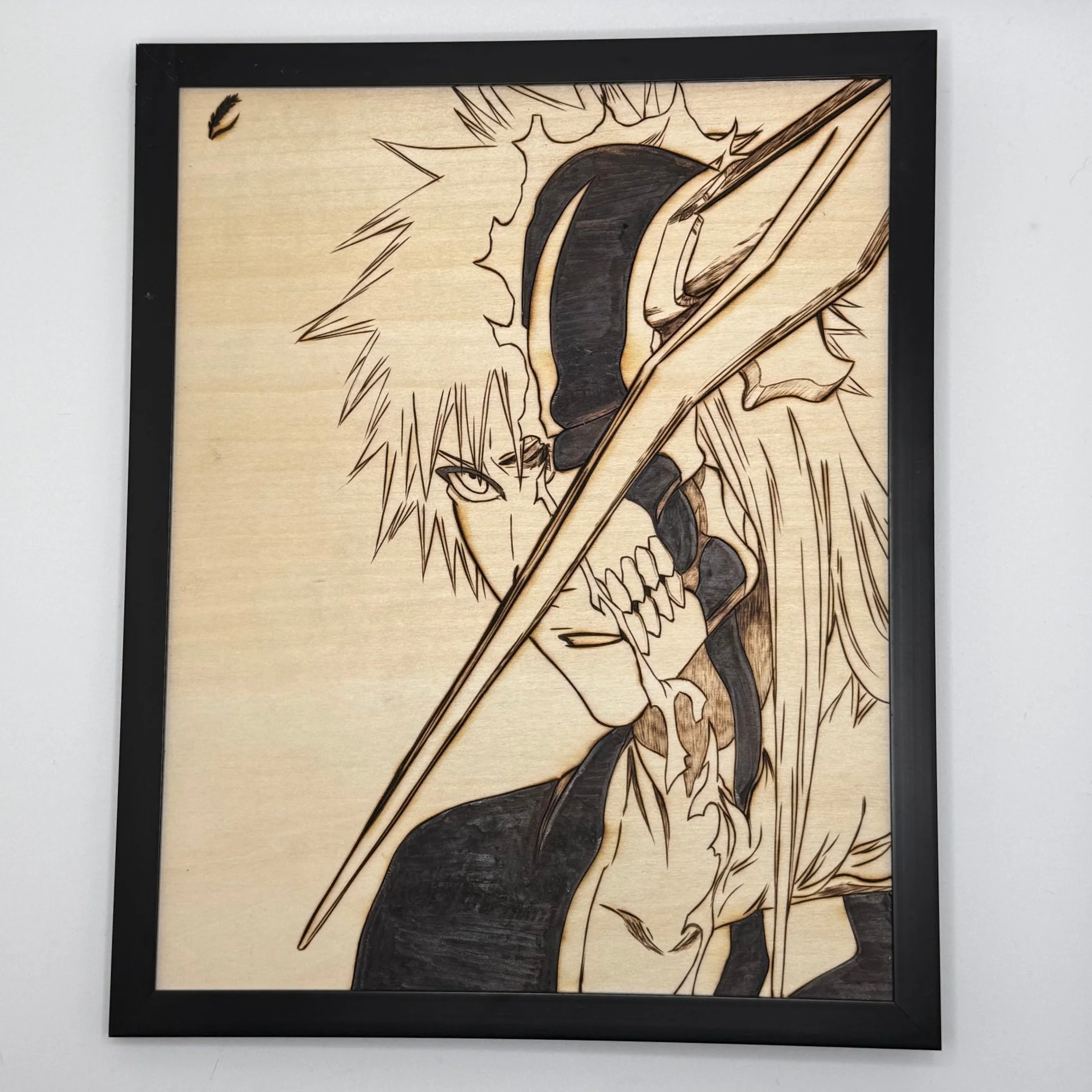 Wooden framed artwork depicting a stylized anime character with spiky hair and an intense expression, drawn in black and natural wood tones.