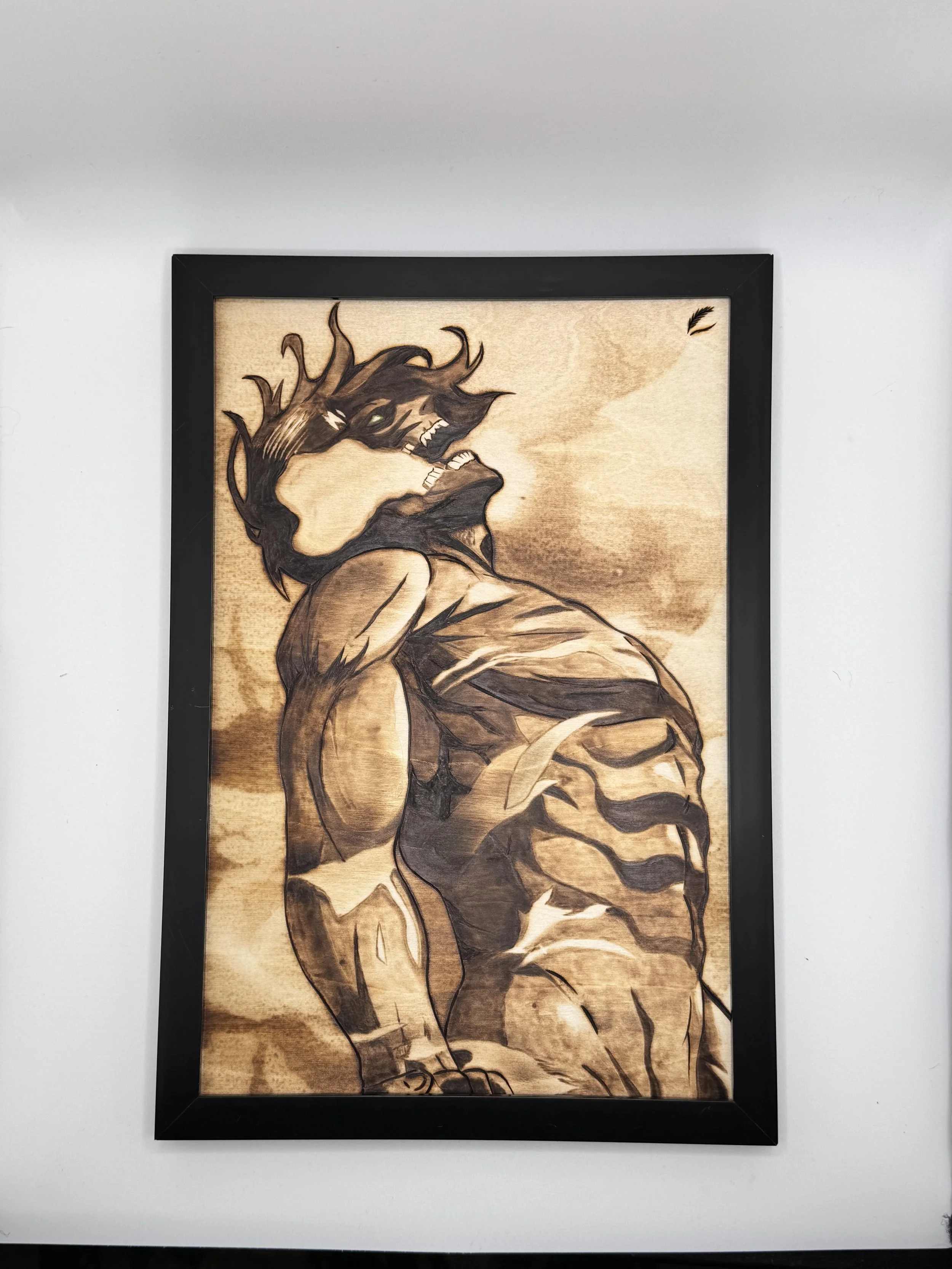 A black framed artwork of a muscular creature with animalistic features, resembling a tiger or large feline, with an anthropomorphic posture and fierce expression, painted with shades of brown and black.
