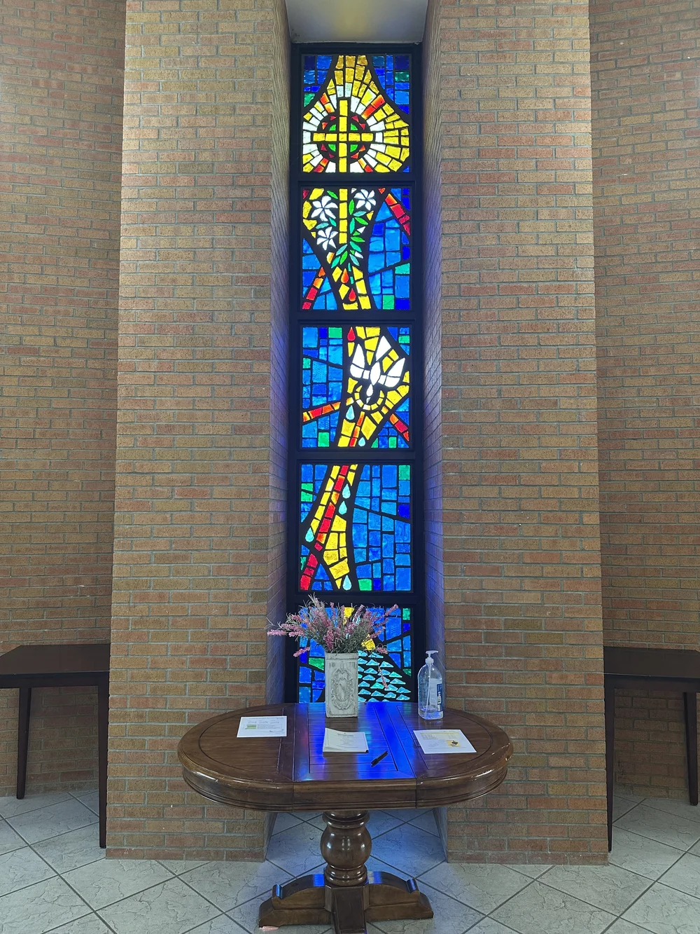 Stained glass window in the lobby of First Baptist Church Los Alamos