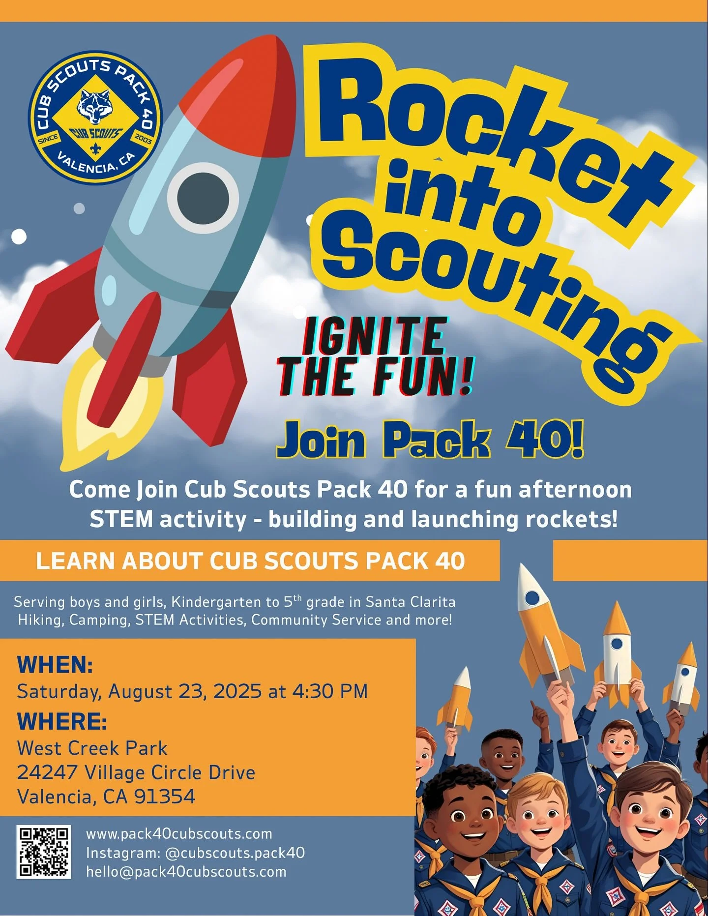 🚀Join Pack 40 for our Fall Kick Off &amp; Open House🚀

Come learn what Cub Scouts are all about! Our scouts will be building and launching air compressor rockets at West Creek Park in Valencia. DM for more details!

#cubscouts #cubscout #cubscoutso