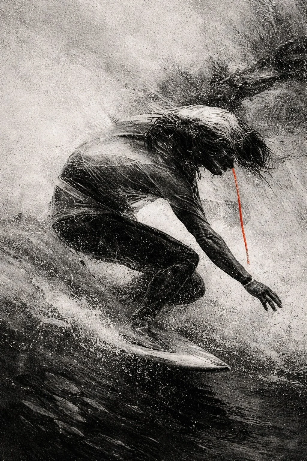 Breaking Point by Mattio – contemporary figurative artwork capturing a surfer carving through powerful waves, rendered in expressive monochrome with rich textures and striking emotional intensity, presented by Landson Studios.