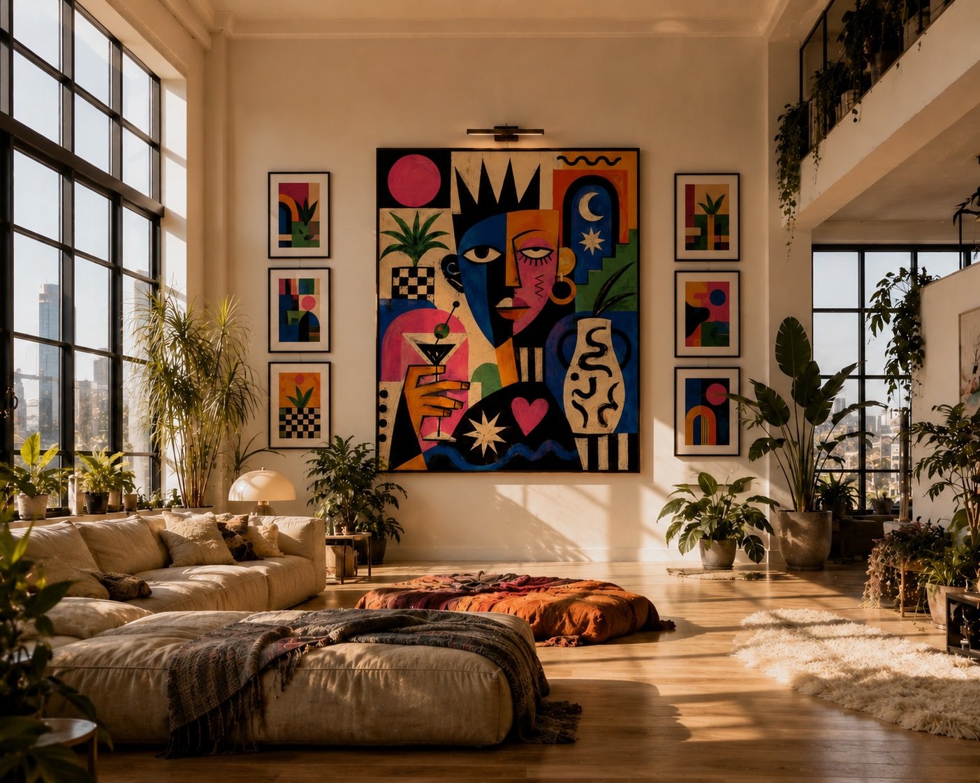 Lazy Night art print shown in a Sunlit modern loft with abstract art.jpg