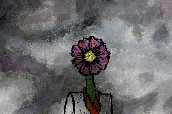 Original mixed media artwork featuring a surreal floral figure against a textured grey background, contemporary figurative art.