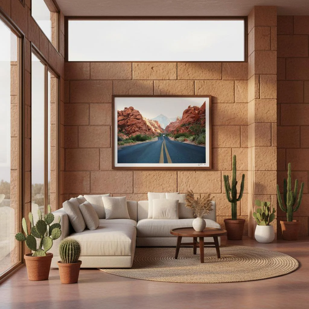 Rock ’n’ Drive by Dakota, fine art photographic print capturing a straight desert road framed by towering sandstone cliffs and distant mountains, by Landson Studios.