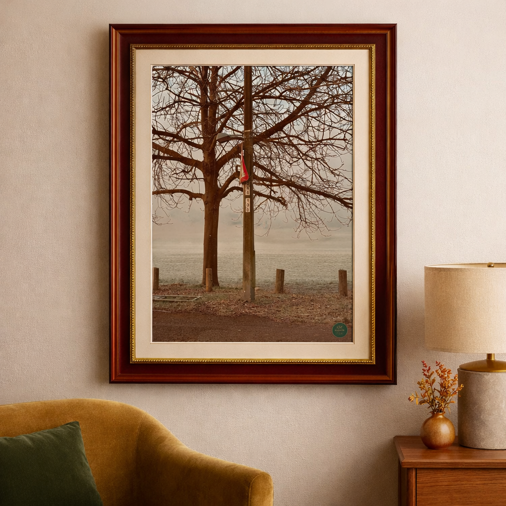 Misty Stick by Dakota, limited edition giclée print showing a solitary pole and bare winter trees emerging through soft mist, printed on Epson semi-gloss paper by Landson Studios