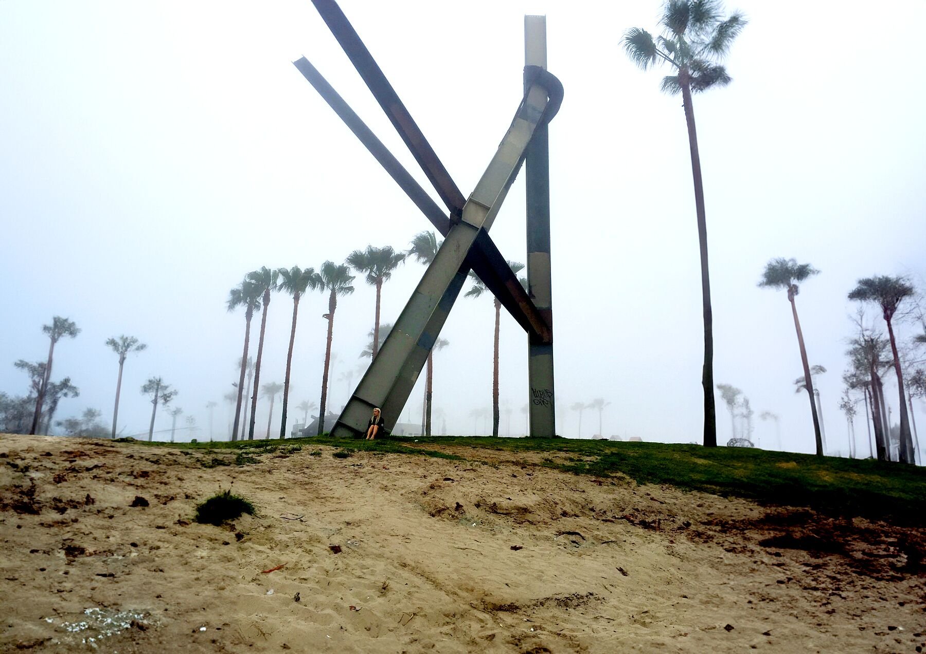 LA Dreams by Dakota, limited edition photography print featuring misty palm trees and a geometric sculpture in Venice Beach, Los Angeles