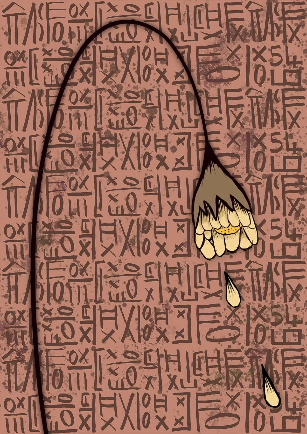 A modern illustrative artwork by Five46 depicting a fading flower suspended over layered symbolic markings. Curated by Landson Studios for contemporary collections