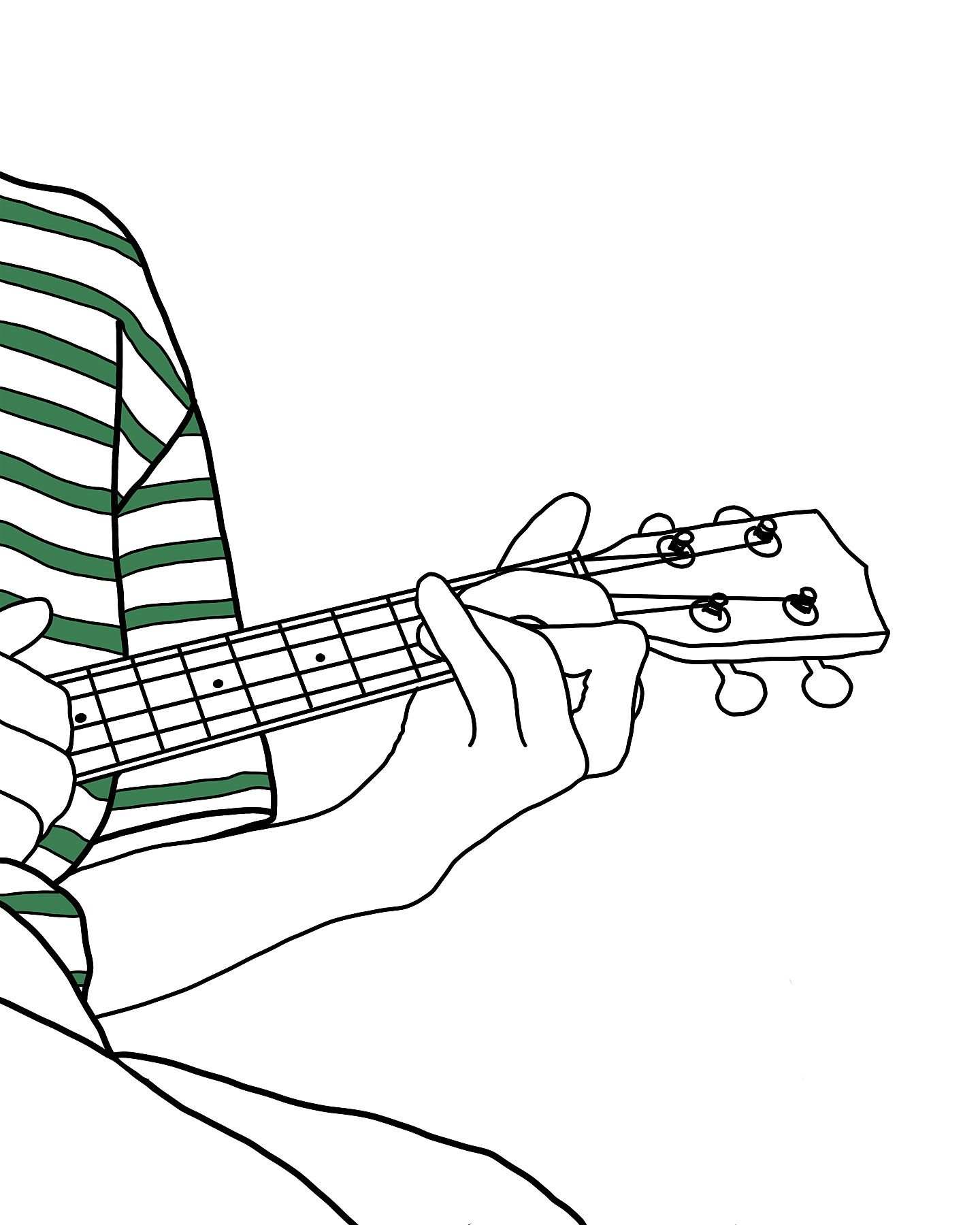 Playing Simple by Rix, minimalist line artwork depicting hands playing a guitar with subtle green striped detail against a clean white background, curated by Landson Studios.