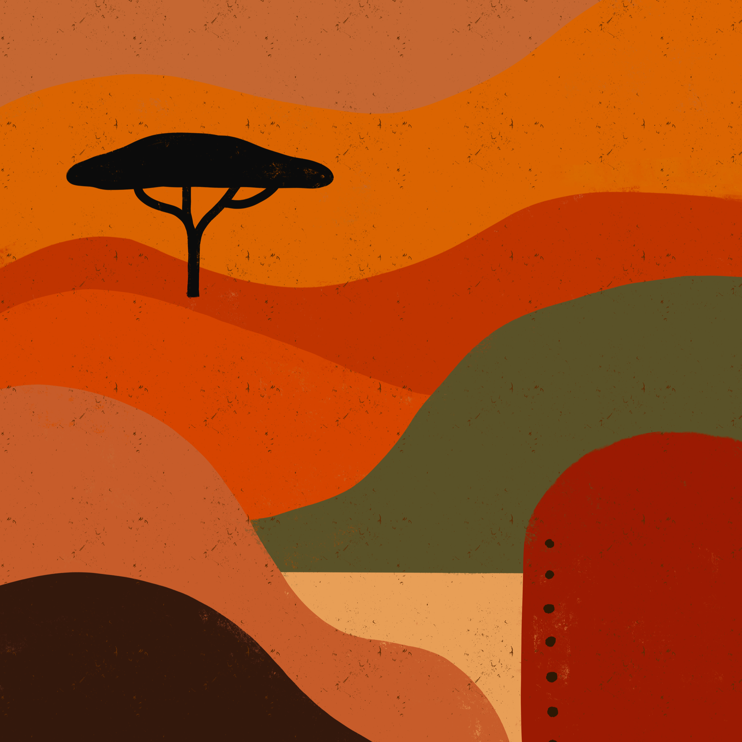 Kutshona Ilanga (The Sun Is Setting) by Rix, contemporary landscape-inspired artwork using layered shapes and warm tones to represent a sunset scene, from Landson Studios.