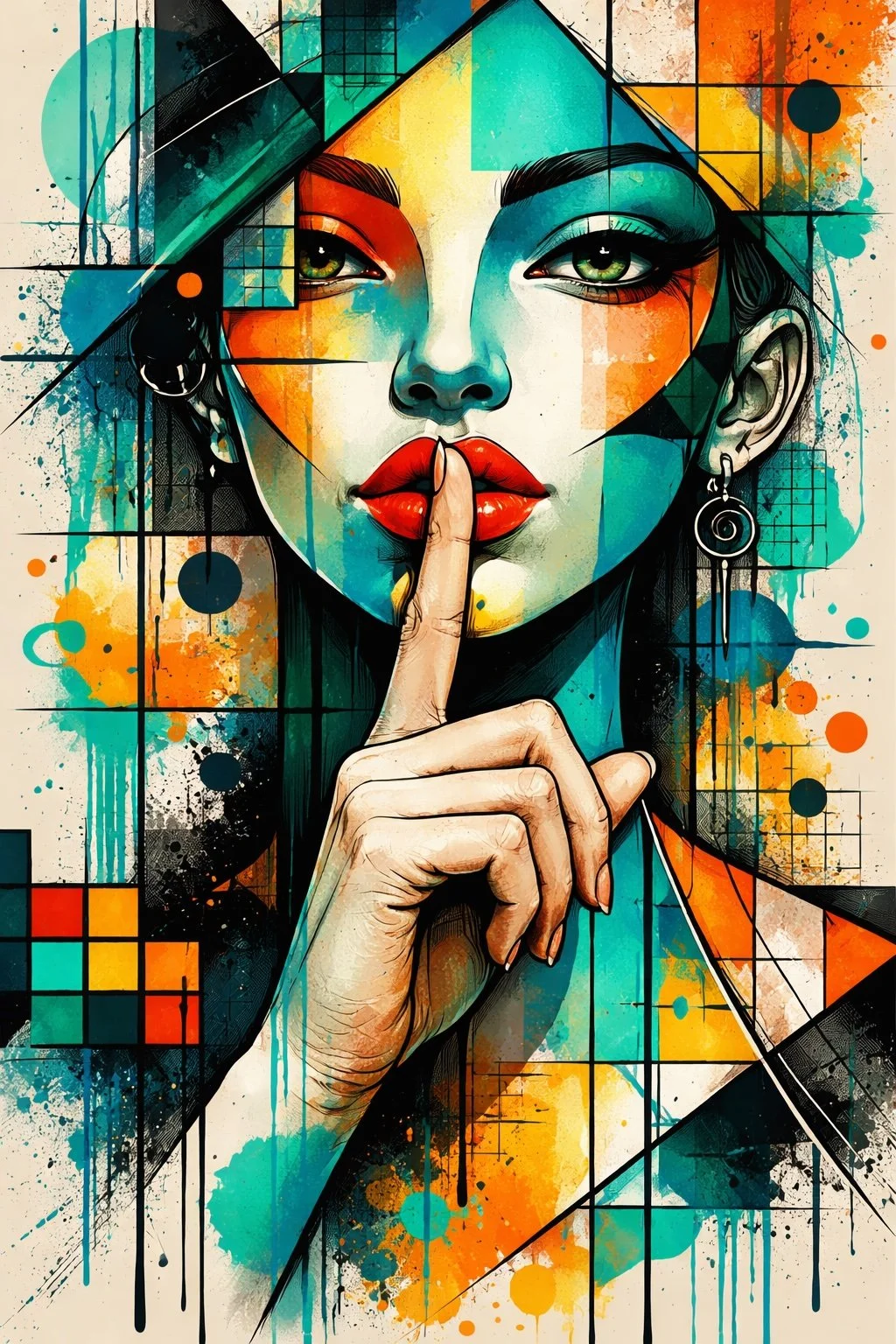 Hush Geometry (I) by Ari Null – contemporary abstract portrait combining bold geometric forms, expressive colour and layered composition, inviting curiosity and personal interpretation, presented by Landson Studios.
