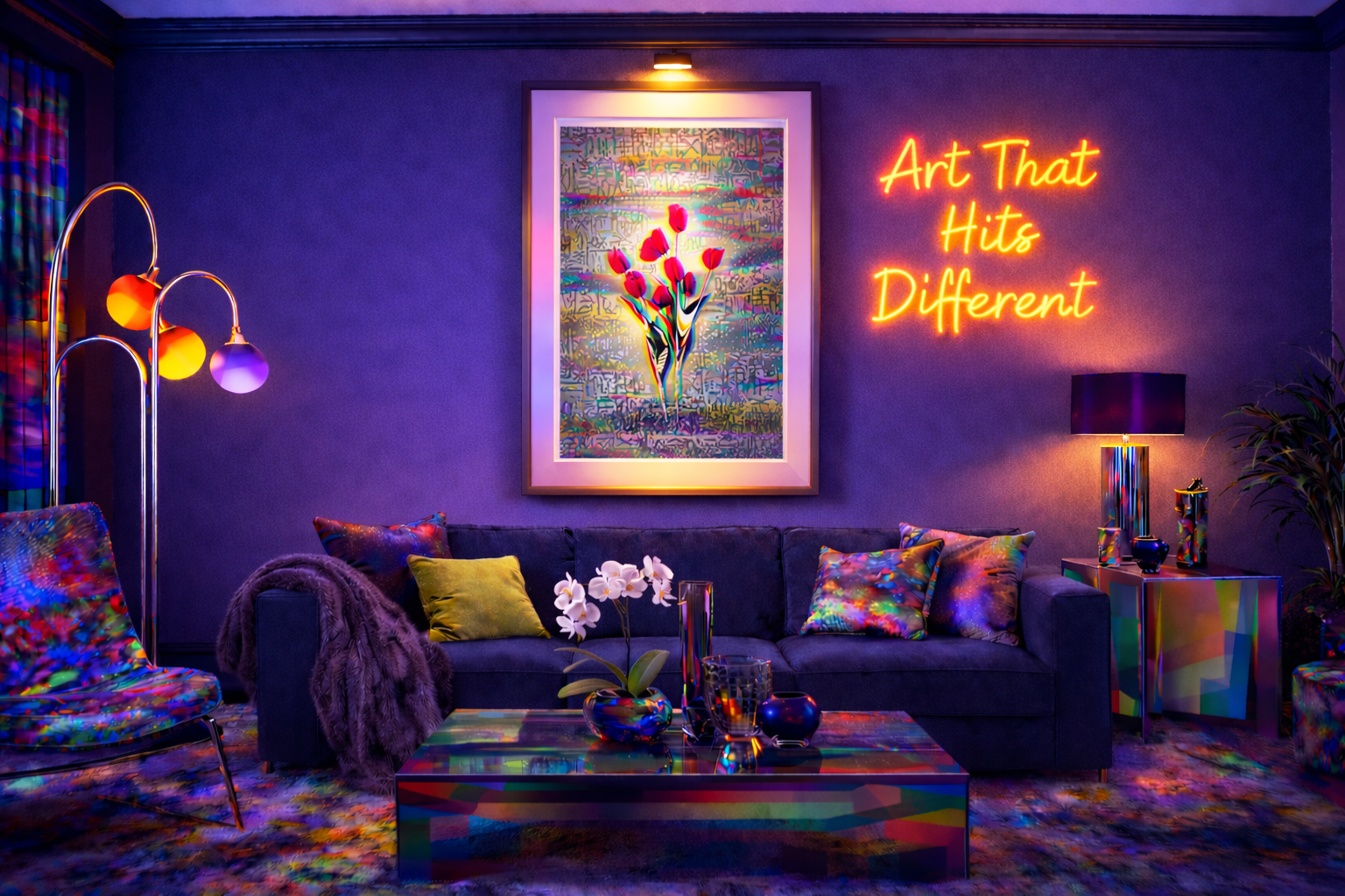 Warped Rose by Rix displayed as a framed limited edition artwork in a vibrant, design-led interior.