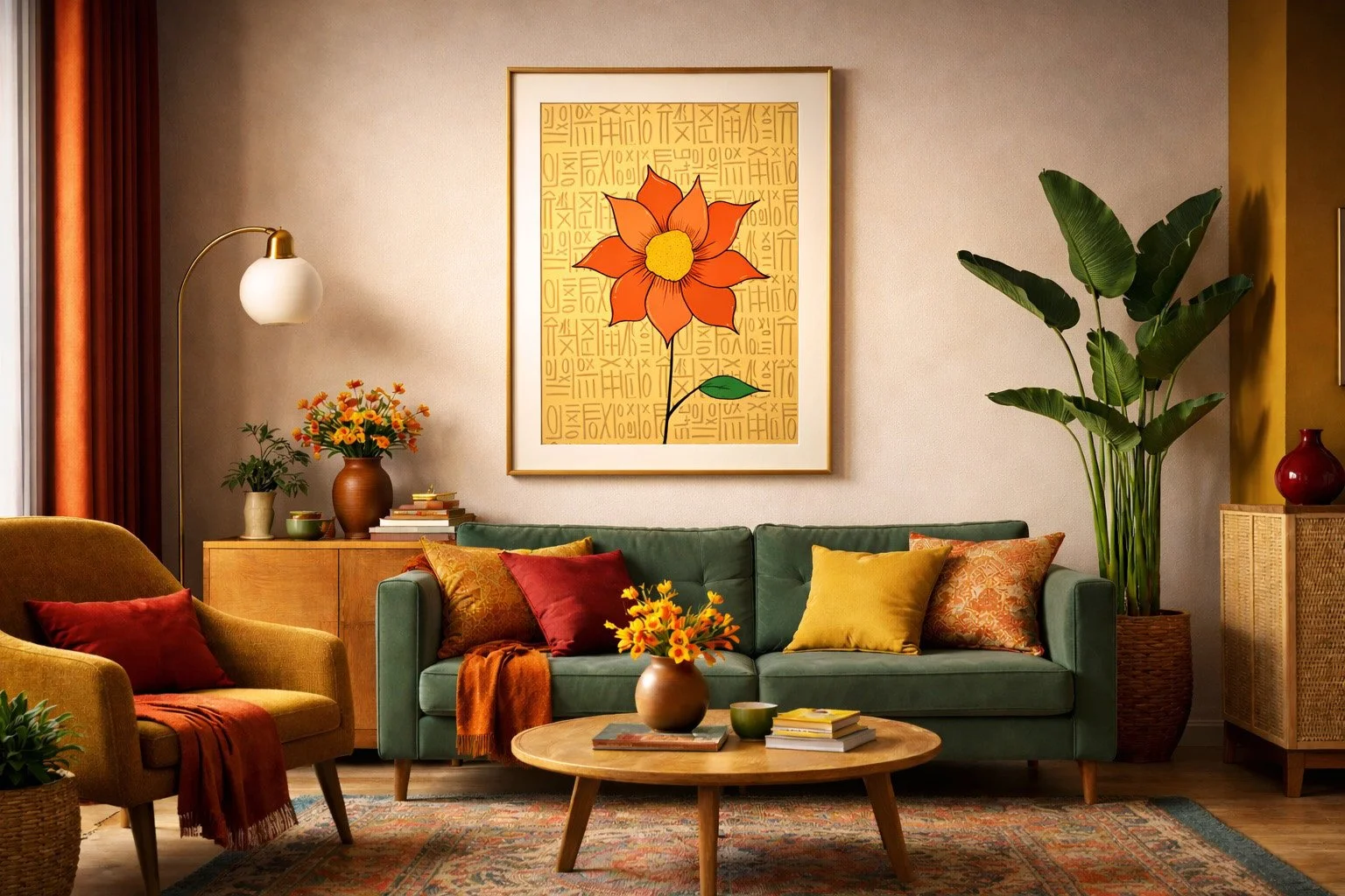 I Am Worthy Of What I Desire framed botanical artwork displayed in a bright contemporary living room above a sofa.