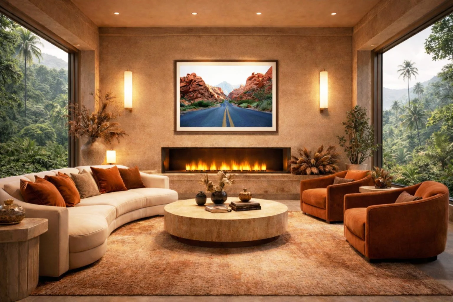 Rock ’n’ Drive by Dakota, fine art photographic print capturing a straight desert road framed by towering sandstone cliffs and distant mountains, by Landson Studios.