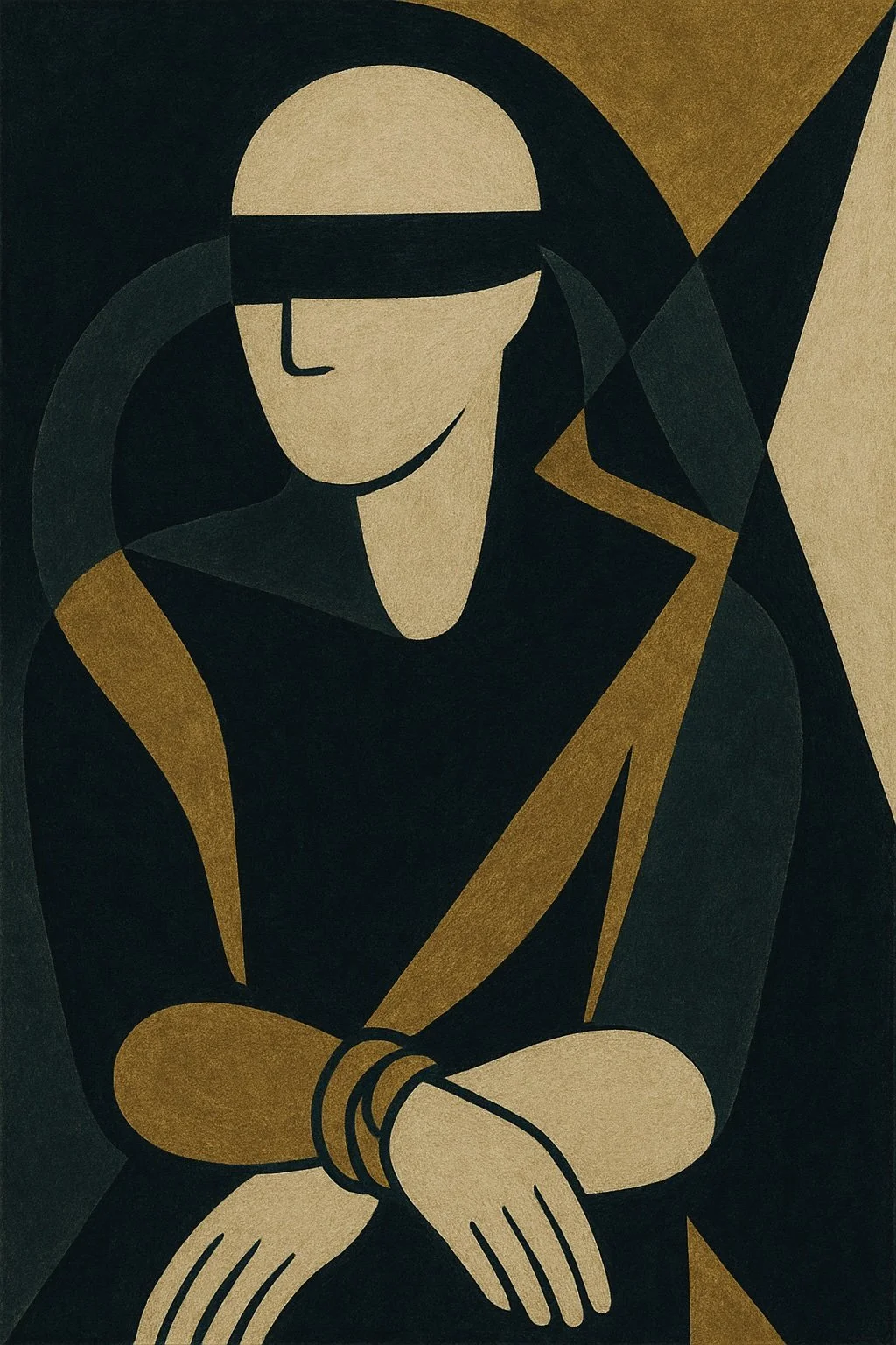 Gilded Silence by Ari Null – contemporary abstract figurative artwork featuring a stylised seated figure with geometric forms, muted black and gold tones, and a minimalist composition, presented by Landson Studios.