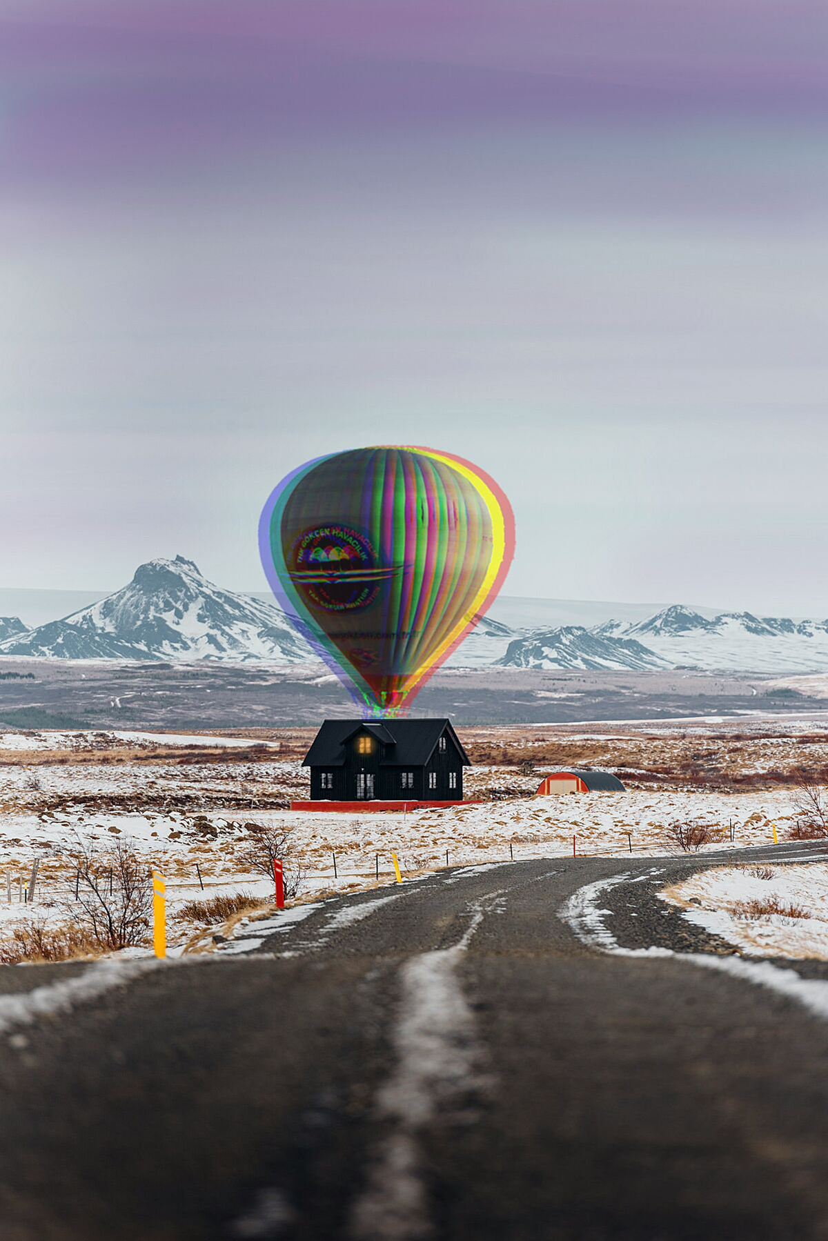 Fly Away by Rix featured in an art collage, showing a surreal landscape with a hot air balloon floating above a snowy road and mountains.