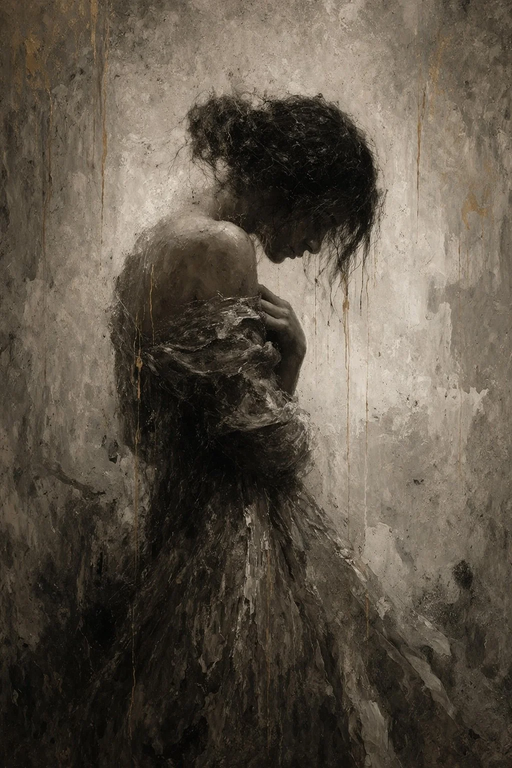 The Shape of Healing by Mattio – evocative contemporary figurative artwork portraying a solitary woman in soft monochrome tones with expressive textures, conveying vulnerability, resilience and quiet reflection, presented by Landson Studios.
