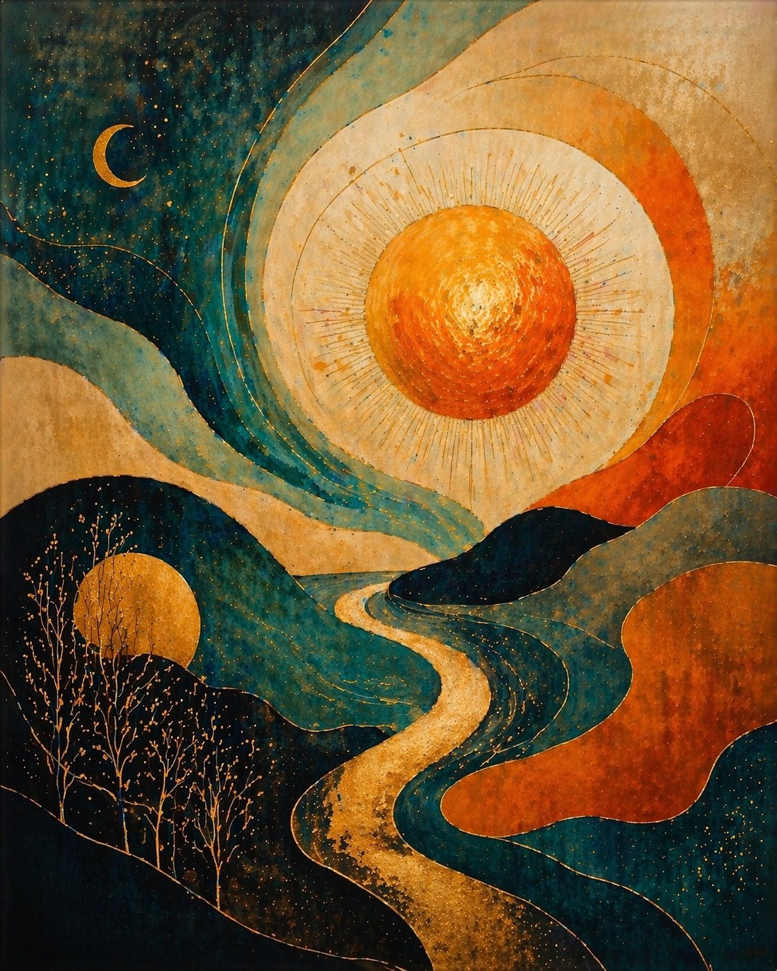 Radiance by Solara Stone – luxury contemporary abstract landscape featuring a glowing golden sun, flowing organic forms and celestial details in rich teal and amber tones, exclusively presented by Landson Studios.
