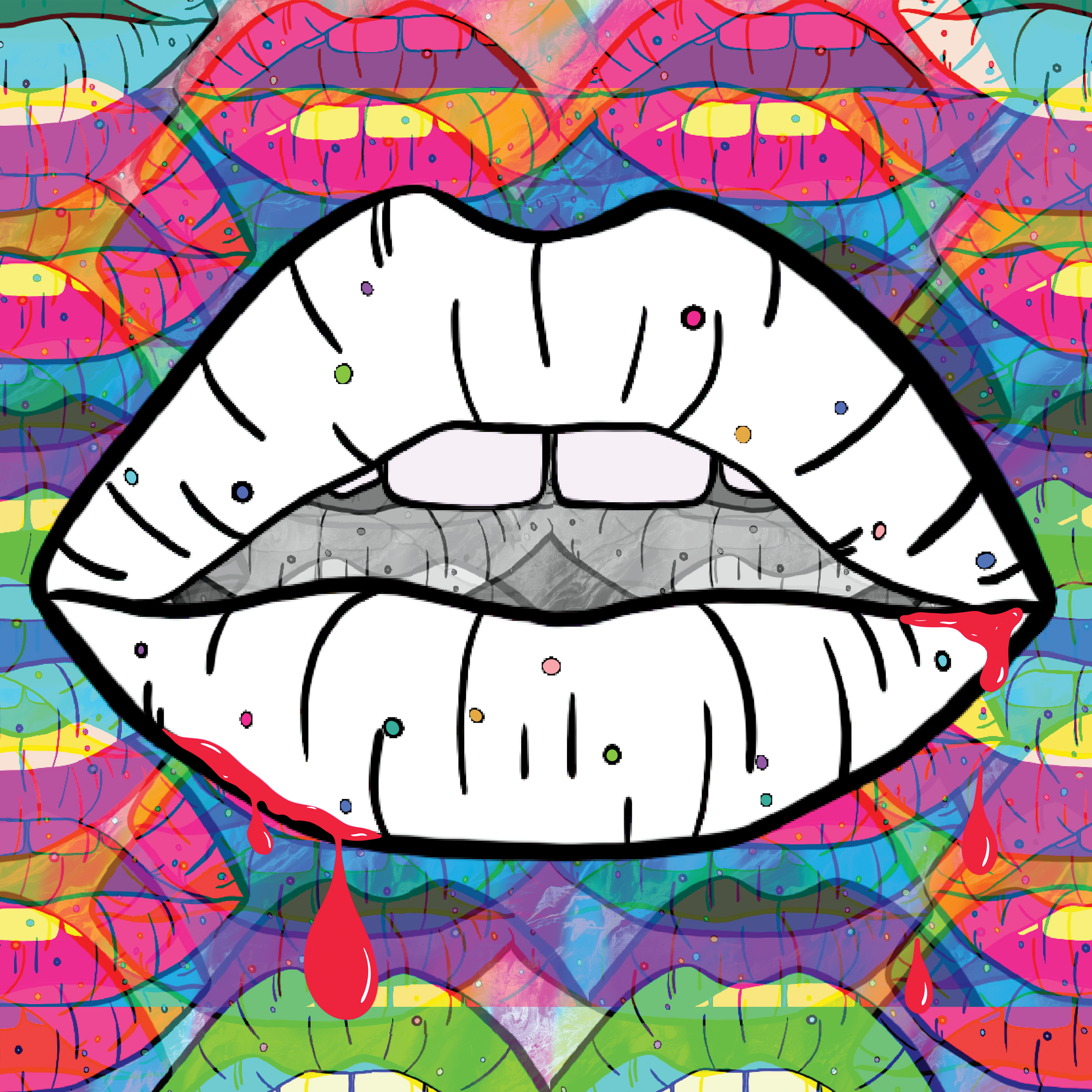 Lip Tease by Rix featured in an art collage, colorful pop-art lips illustration alongside mixed media portraits and graphic patterns.
