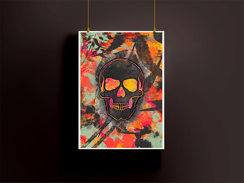 Smudge by Five46, modern digital art print showing a skull motif surrounded by bold brush marks, distressed textures, and vibrant orange, pink, and black tones, by Landson Studios.