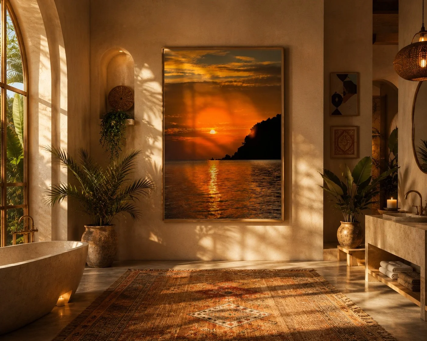 Ocean Gold framed coastal artwork displayed in a luxurious spa-inspired bathroom with warm natural light and contemporary décor.