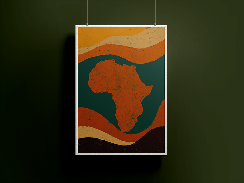 Alkebulan by Rix, modern abstract art print showing a stylised map of Africa surrounded by layered waves of green, orange, and brown tones, by Landson Studios.