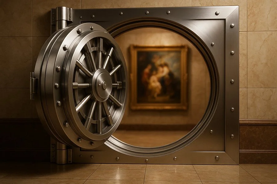 Open vault door revealing a framed artwork inside, symbolising exclusivity, rarity, and the Landson Studios art vault.