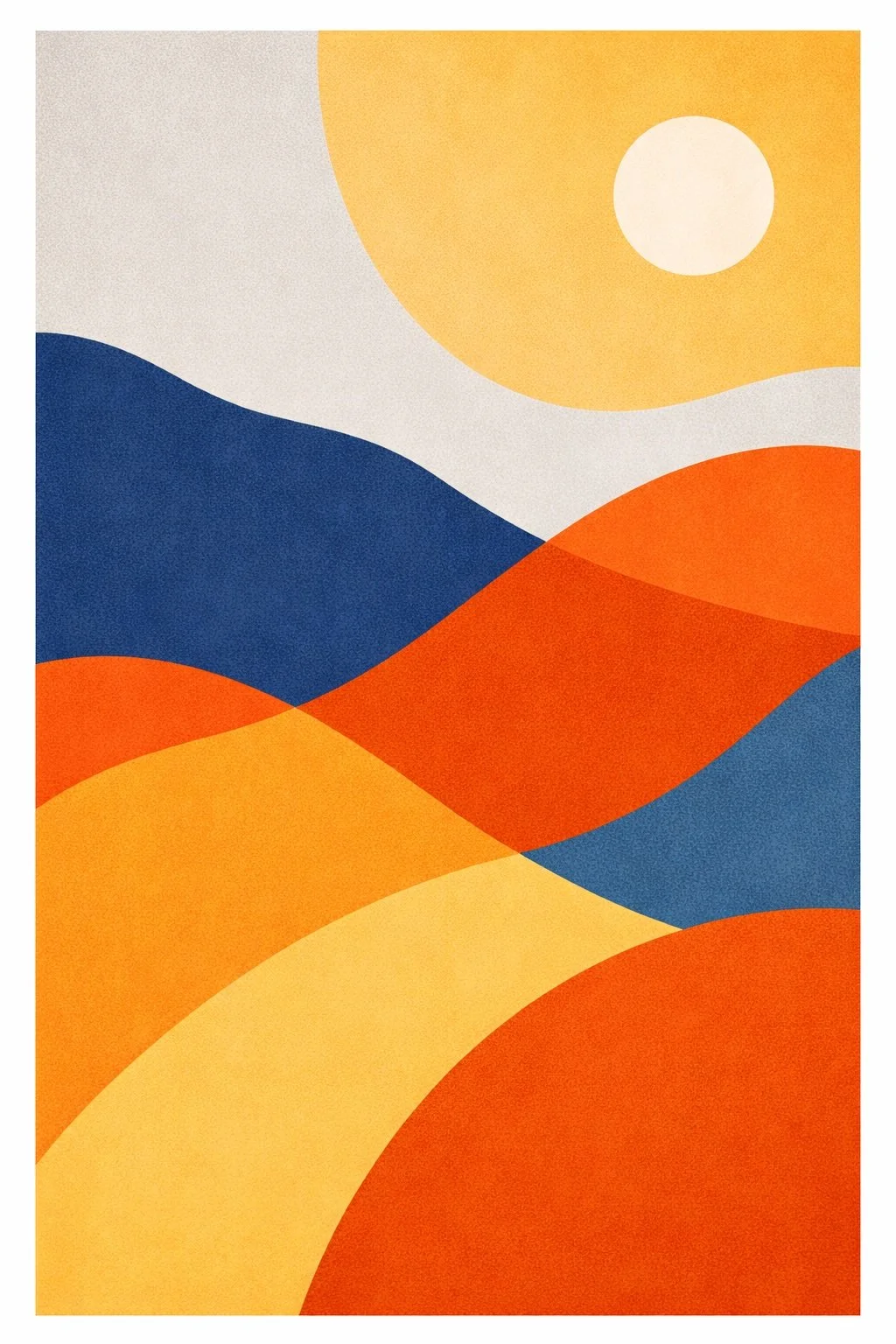 Horizon III – Sunbound by Ari Null – contemporary abstract landscape featuring flowing geometric forms, bold blue, orange and golden tones beneath a radiant sun, presented by Landson Studios.