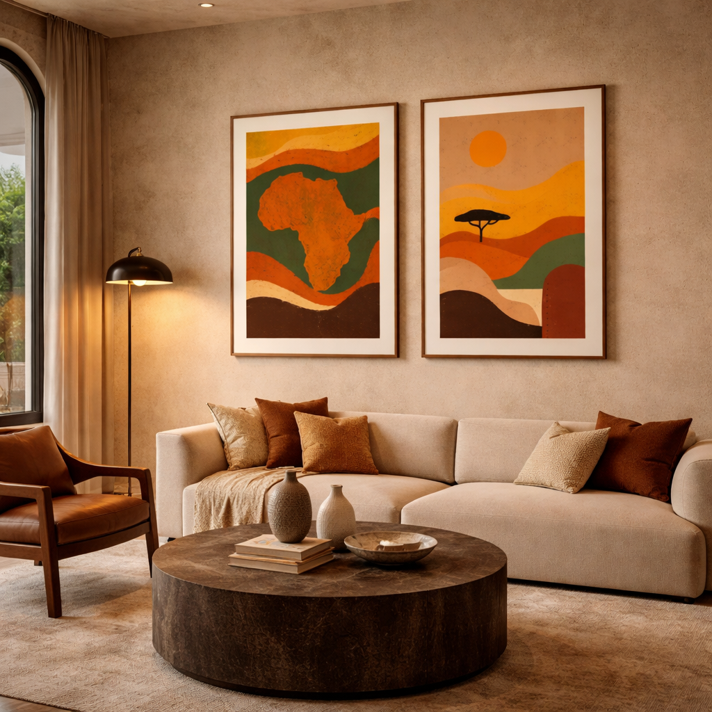 Curated living room interior featuring Alkebulan and Kutshona Ilanga (The Sun Is Setting) by Rix, styled to demonstrate contemporary artwork placement in a modern home.