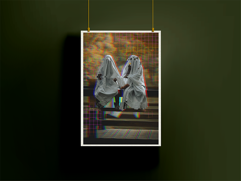 Ghosties by Rix, modern digital art print featuring two ghost-like figures on a park bench with digital distortion, chromatic shifts, and grid patterns, by Landson Studios.