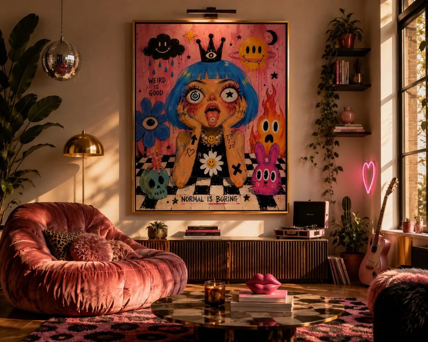 Sunlit eclectic lounge with bold art.jpg