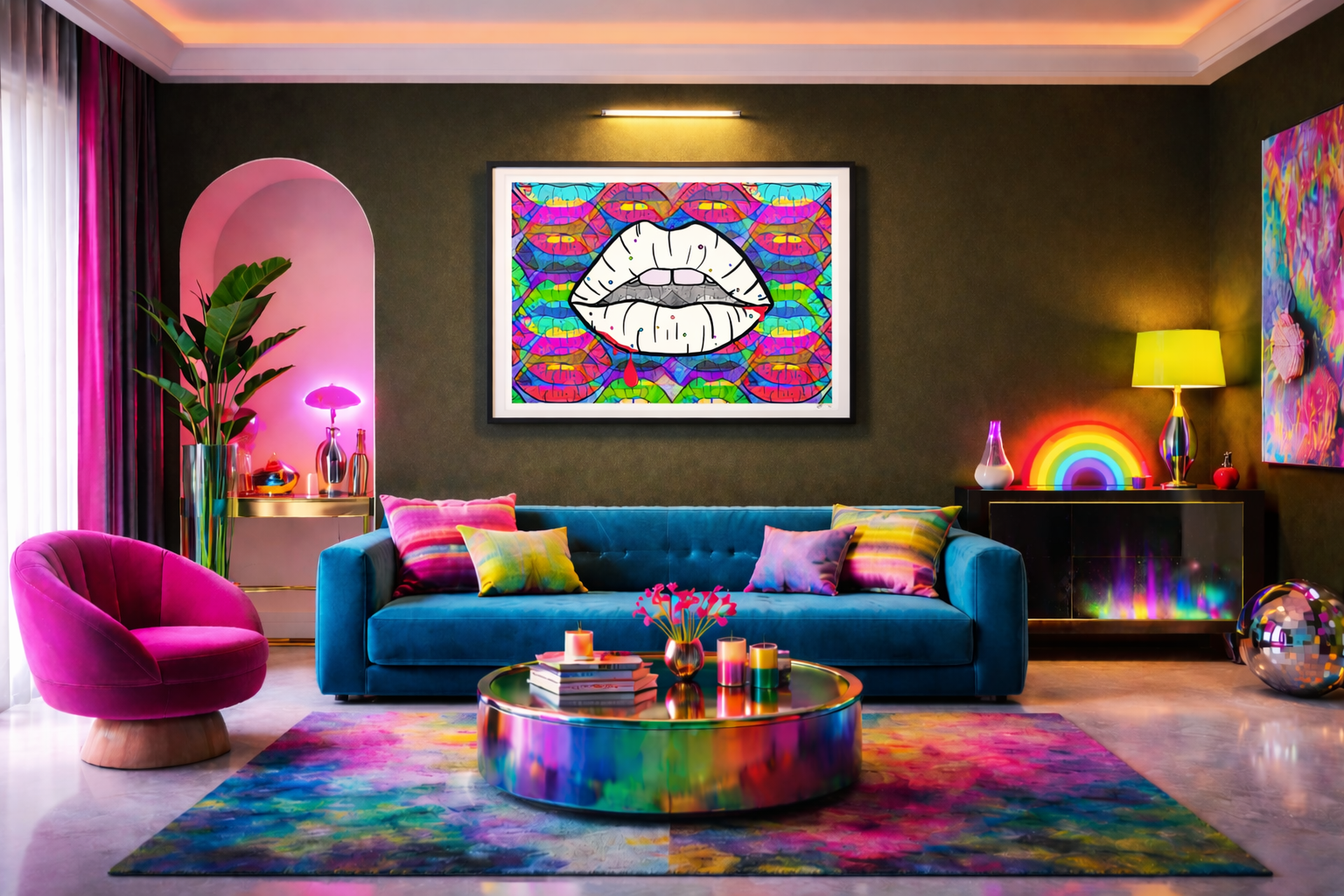 Lip Tease by Rix displayed as a framed limited edition artwork in a bold, colour-led interior.