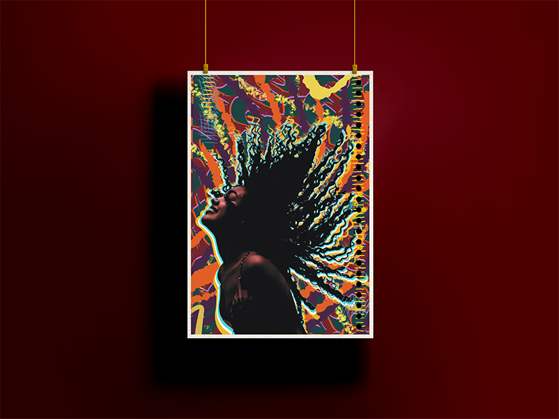 Whip That Sh*t by Rix, modern digital art print showing dynamic movement through sweeping hair forms and layered abstract shapes in vivid orange, yellow, green, and purple tones, by Landson Studios.